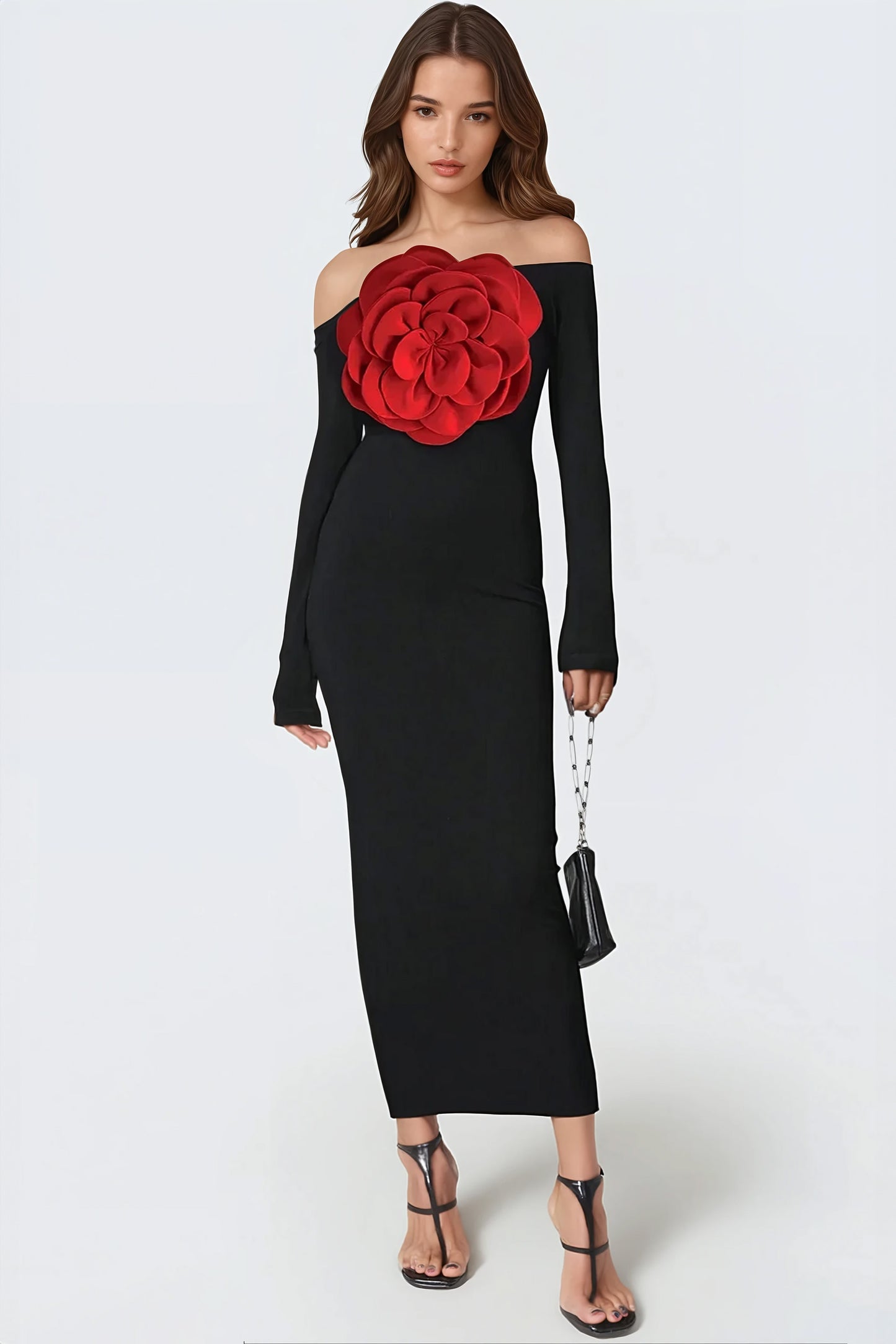 Off-Shoulders Maxi Dress with Floral Appliqué - Black