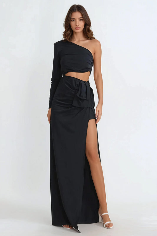 Asymmetrical One-Sleeve Maxi Dress - Black