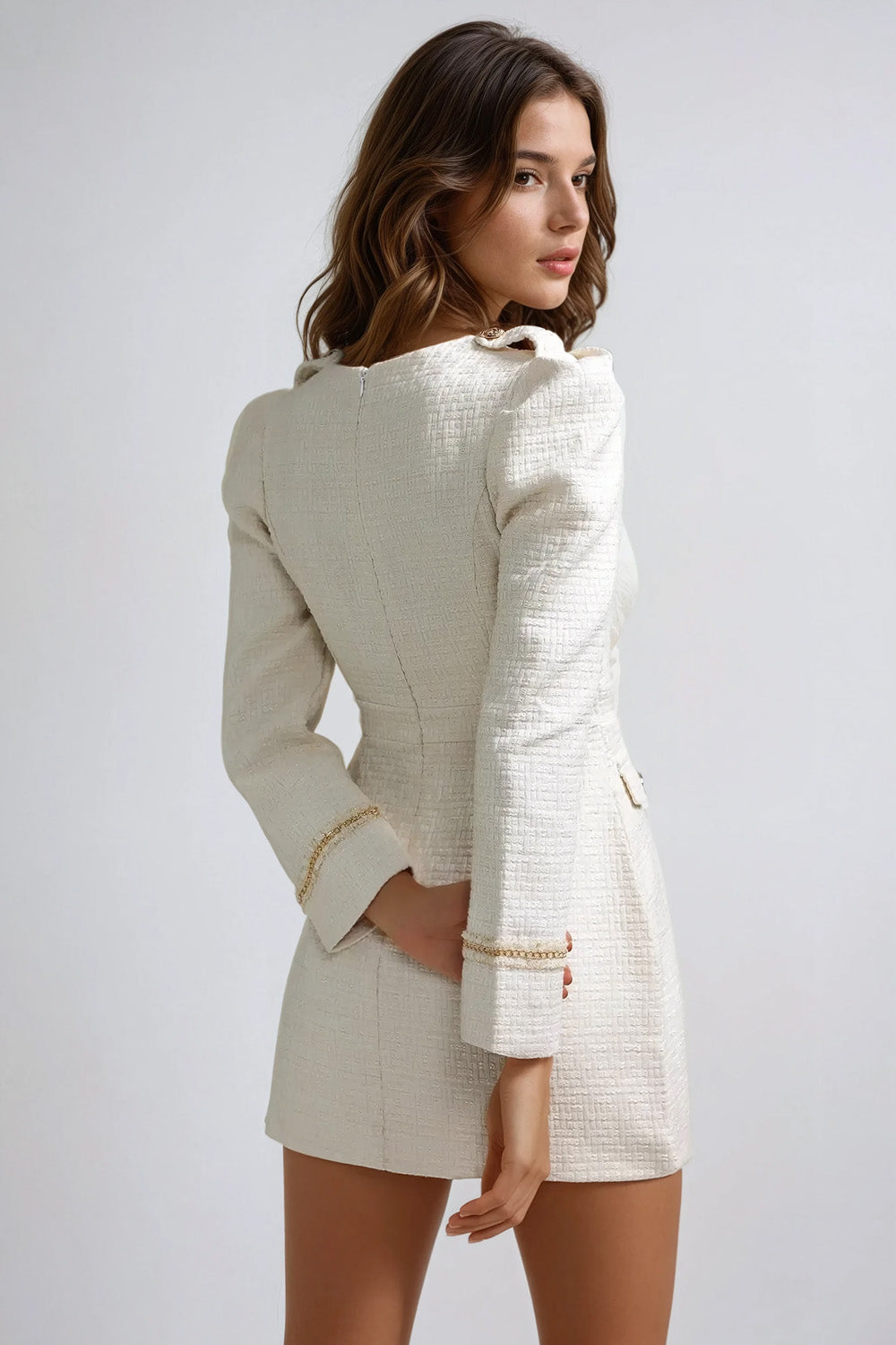 Long-Sleeve Tweed Dress with Gold-Tone Buttons - White