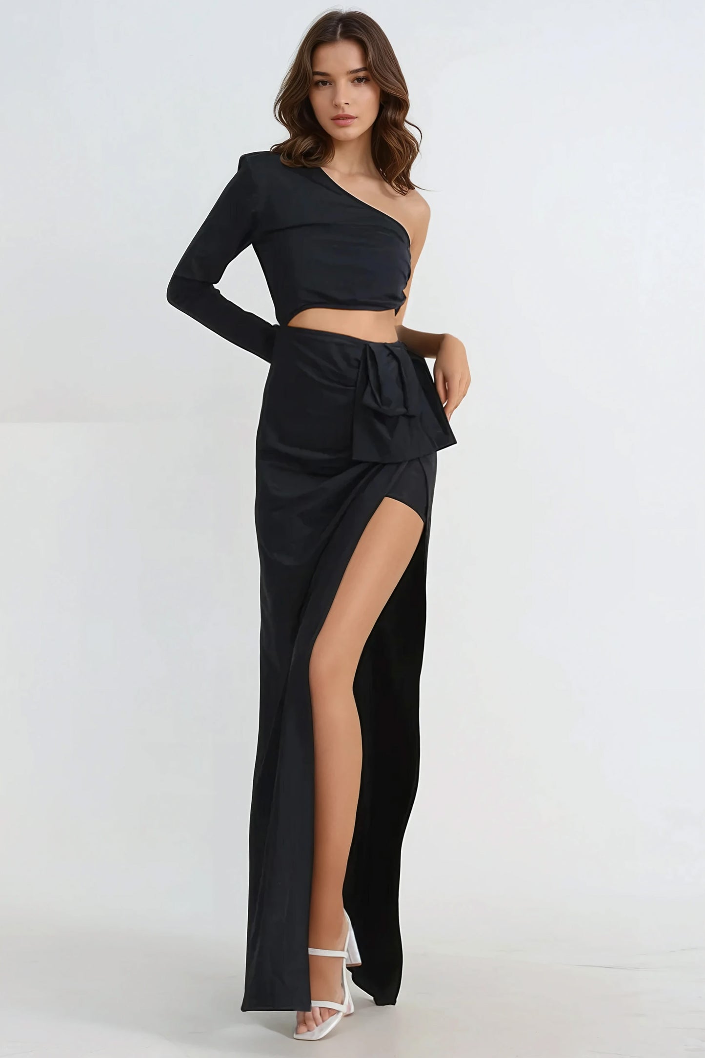 Asymmetrical One-Sleeve Maxi Dress - Black