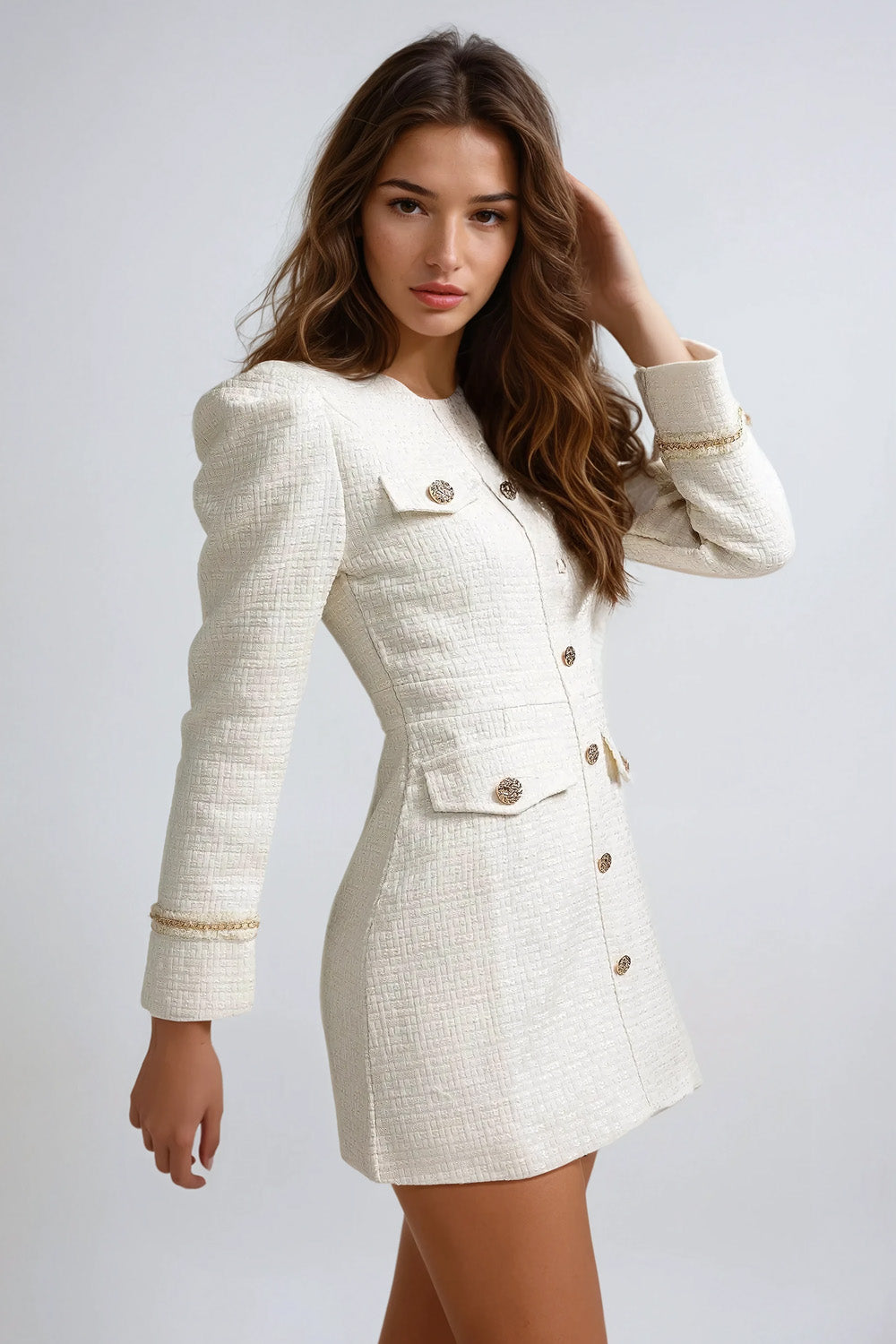 Long-Sleeve Tweed Dress with Gold-Tone Buttons - White