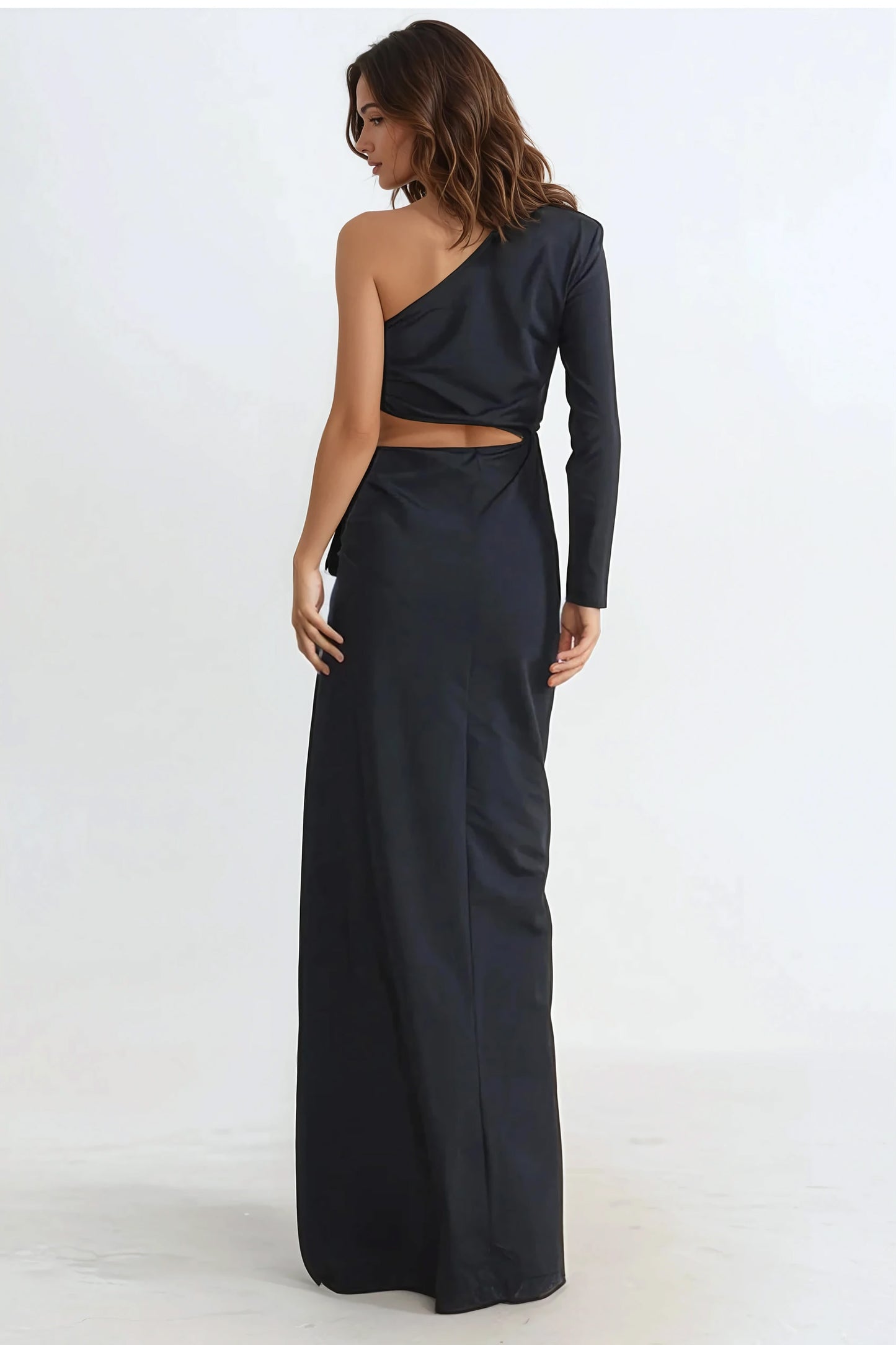 Asymmetrical One-Sleeve Maxi Dress - Black