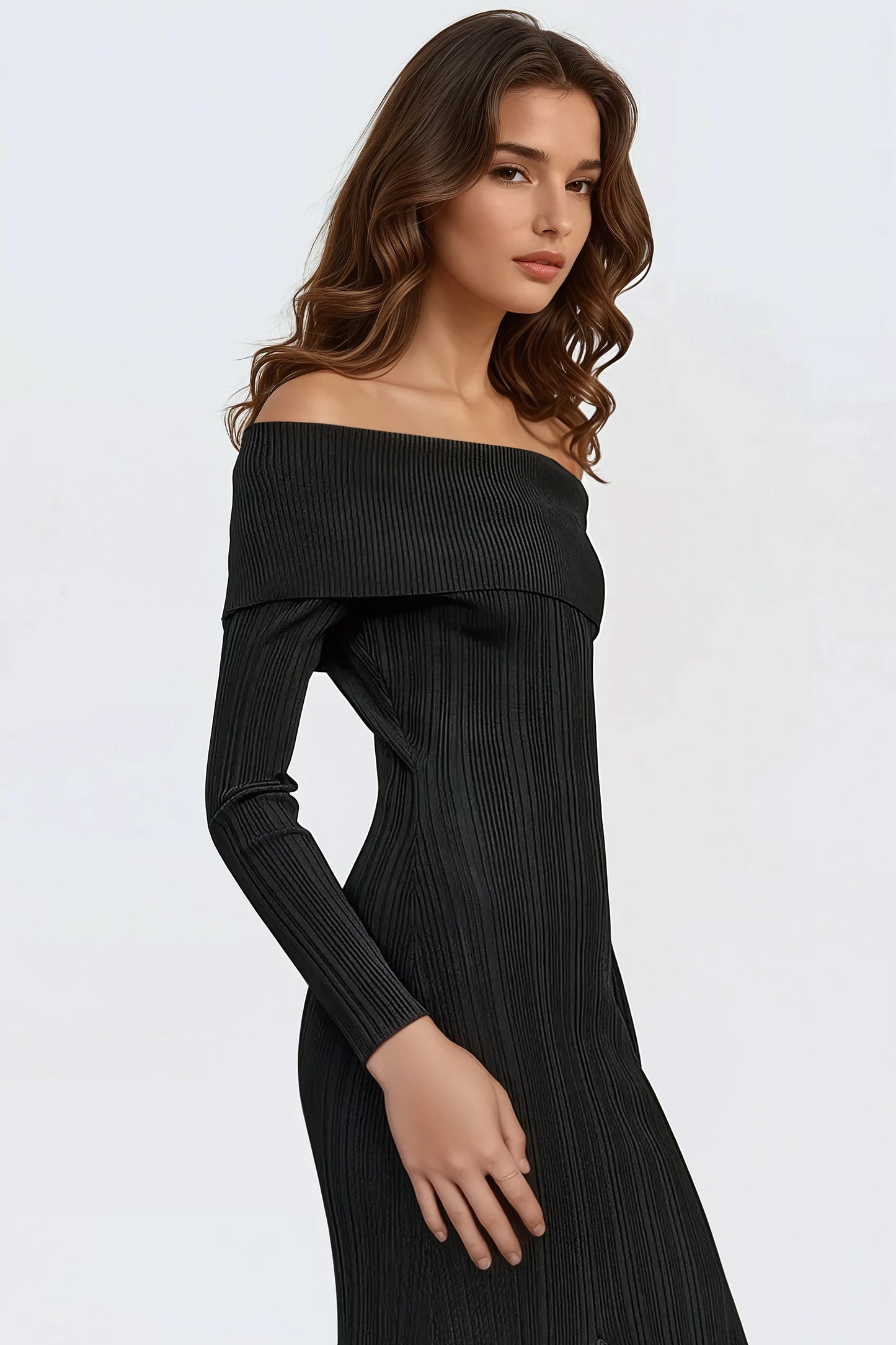 Off-Shoulder Ribbed Knit Maxi Dress - Black