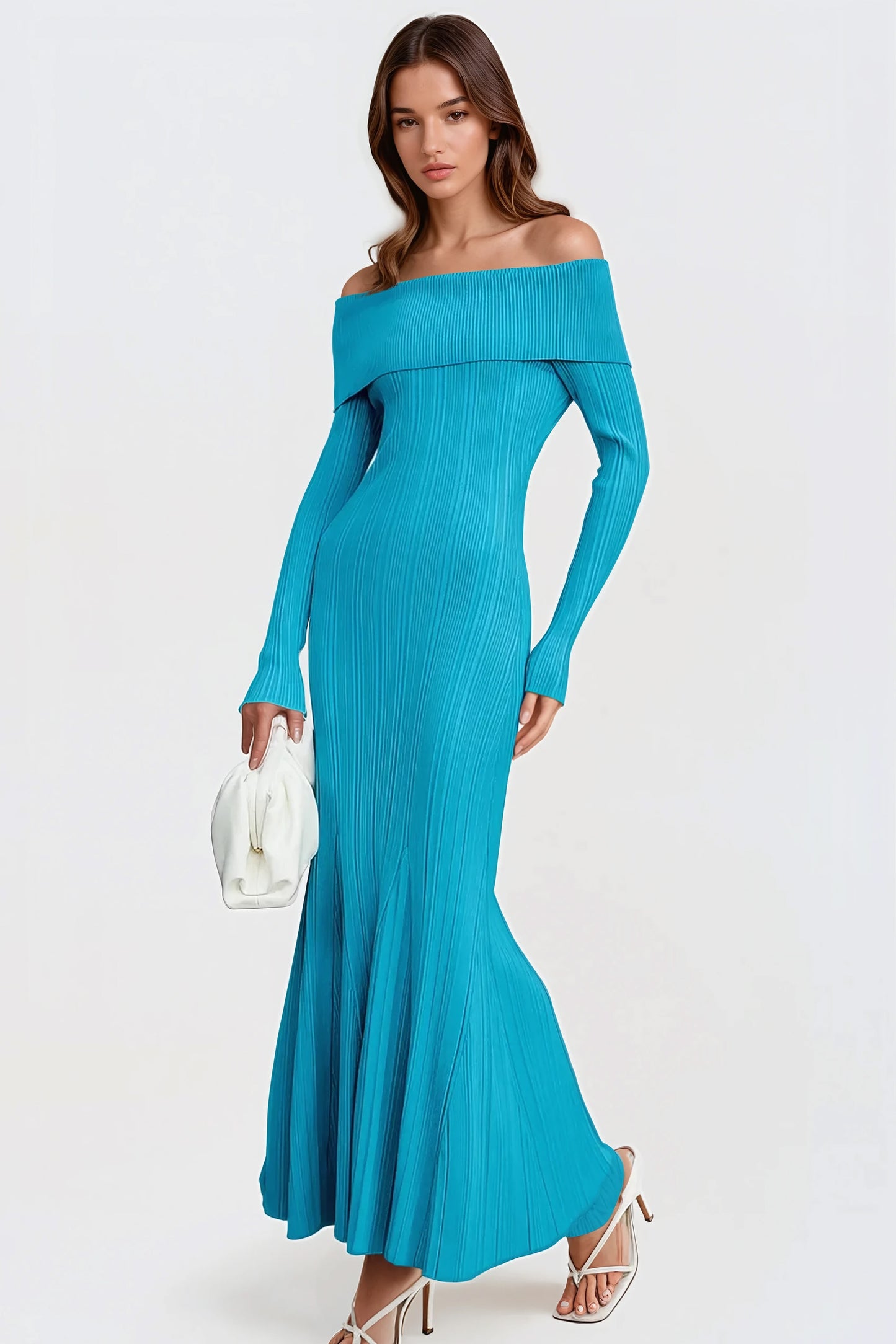 Off-Shoulder Ribbed Knit Maxi Dress - Blue