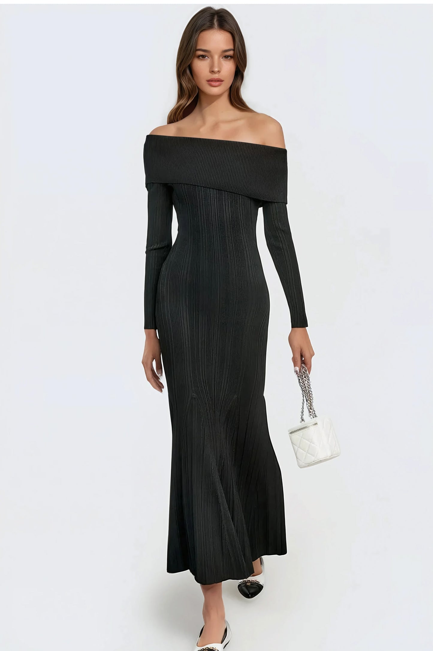 Off-Shoulder Ribbed Knit Maxi Dress - Black