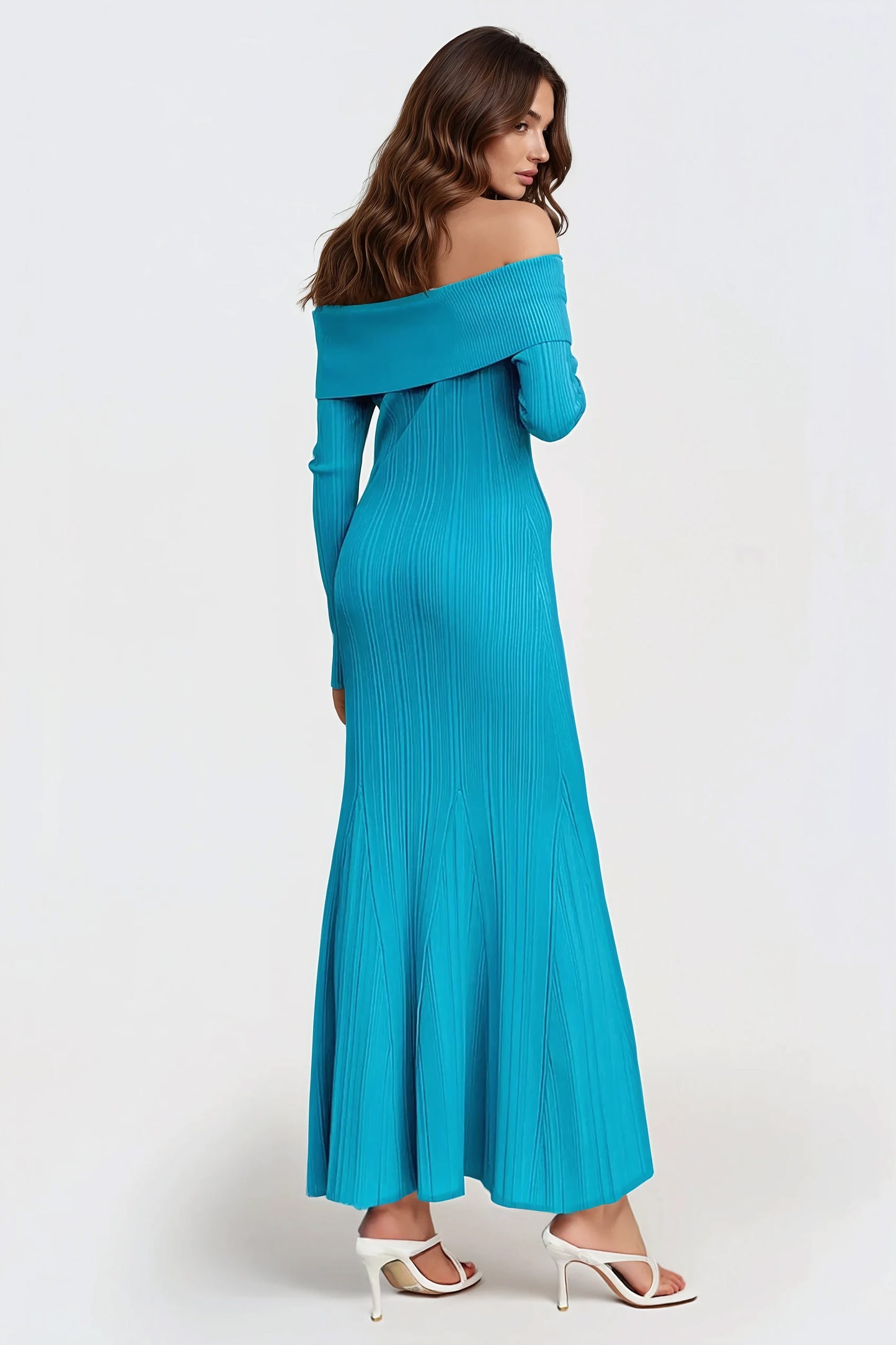 Off-Shoulder Ribbed Knit Maxi Dress - Blue