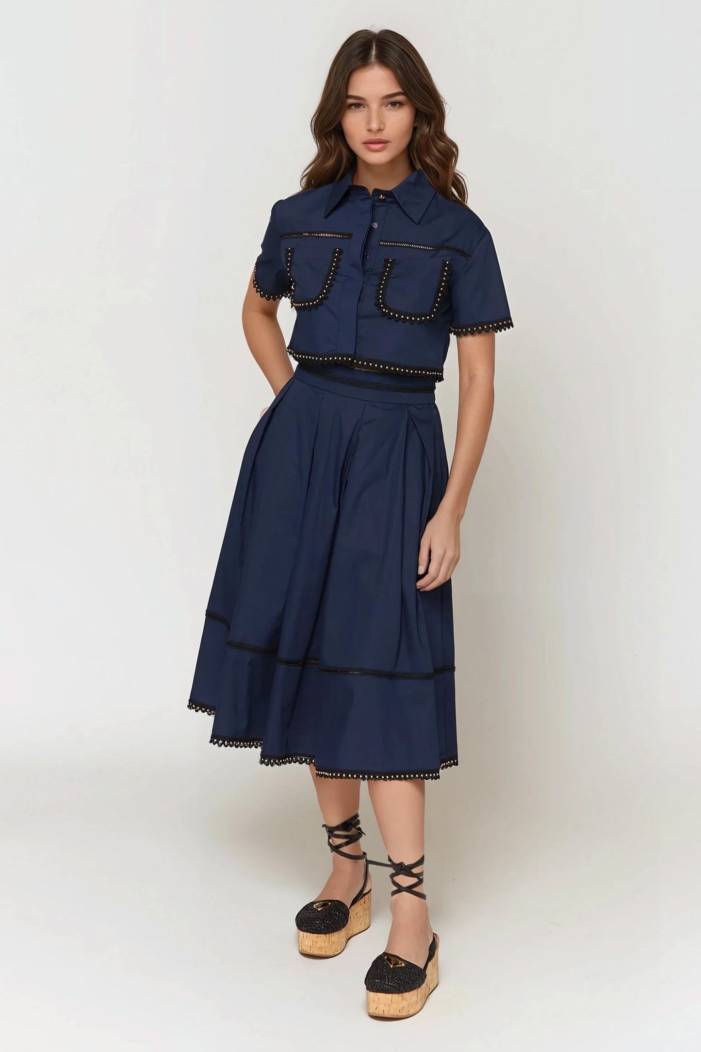 Lace Detail Two-Piece Set - Navy