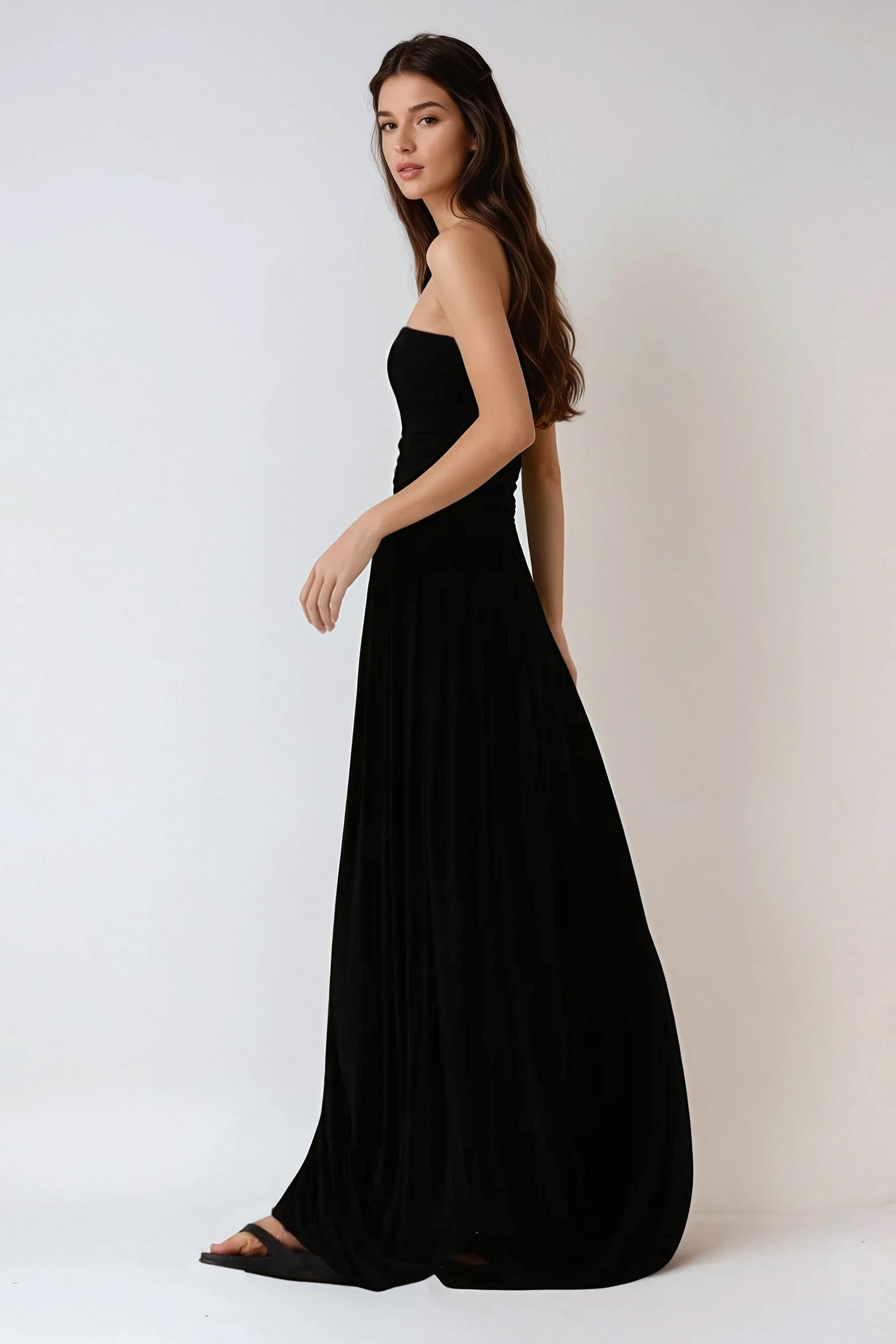 Strapless Ruched Jersey Maxi Dress - Black