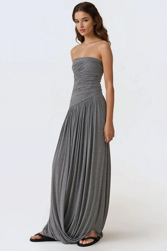 Strapless Ruched Jersey Maxi Dress - Grey