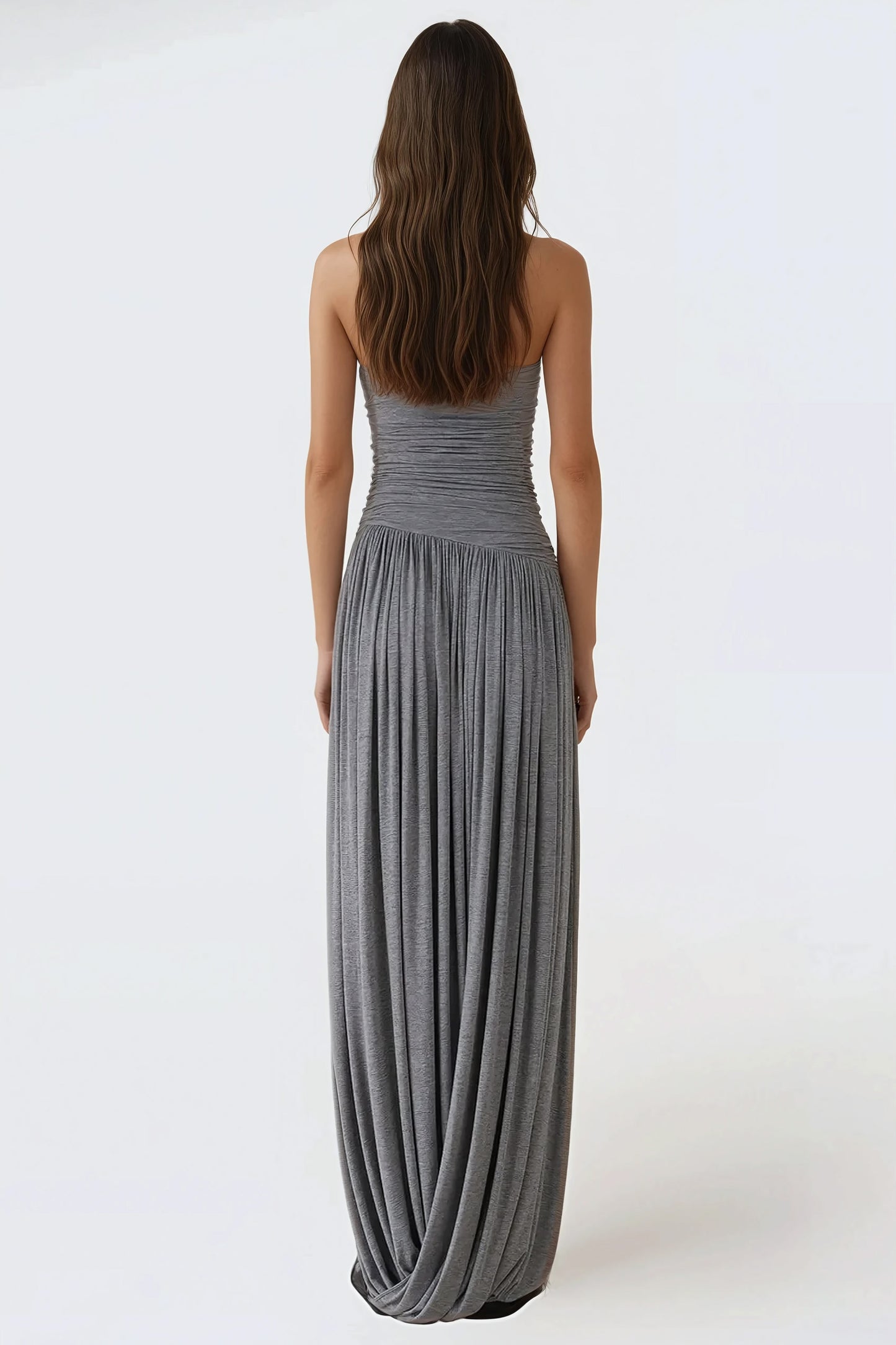 Strapless Ruched Jersey Maxi Dress - Grey