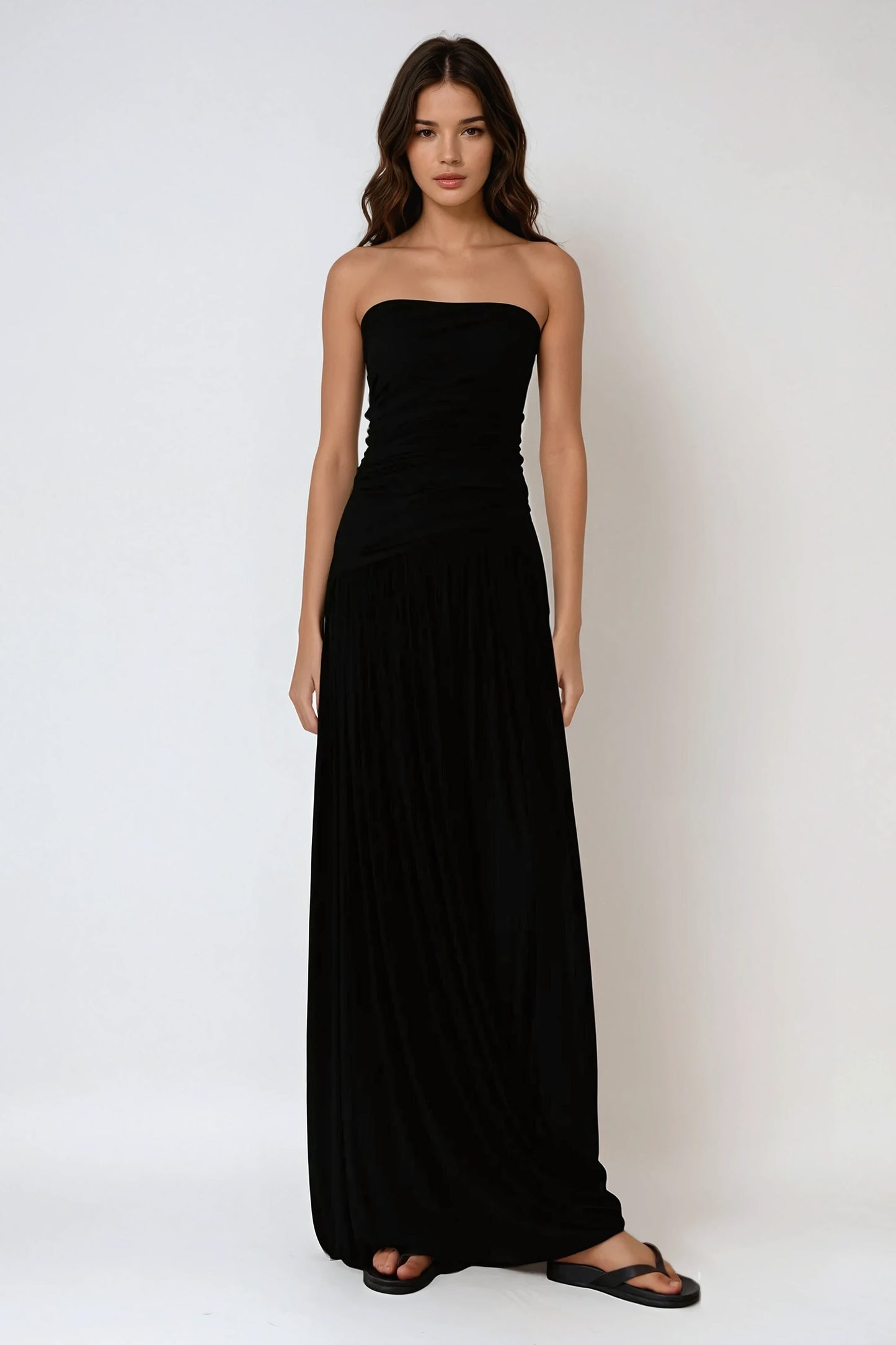 Strapless Ruched Jersey Maxi Dress - Black