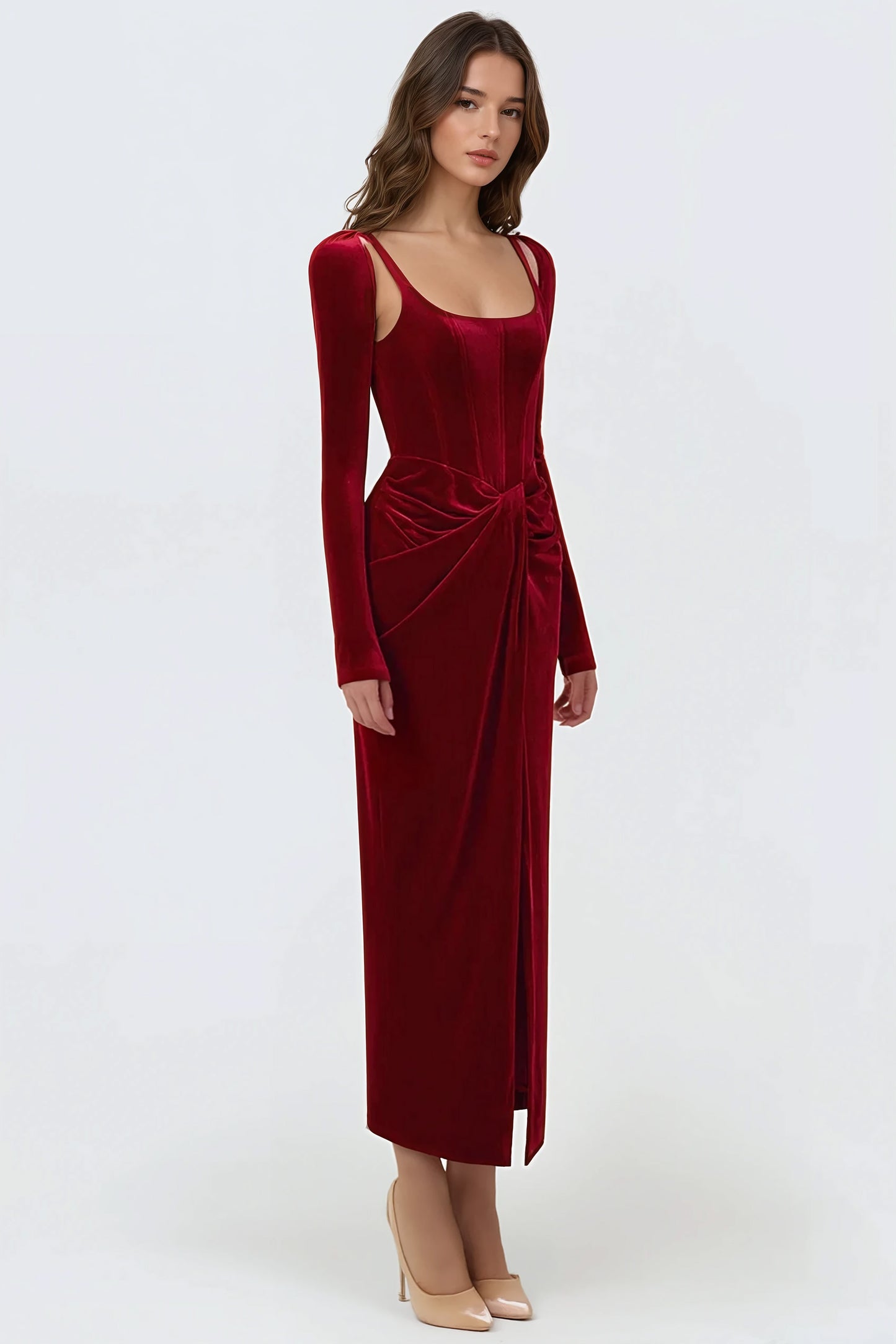 Fitted Midi Dress with Square Neckline and Subtle Pleats - Dark Red