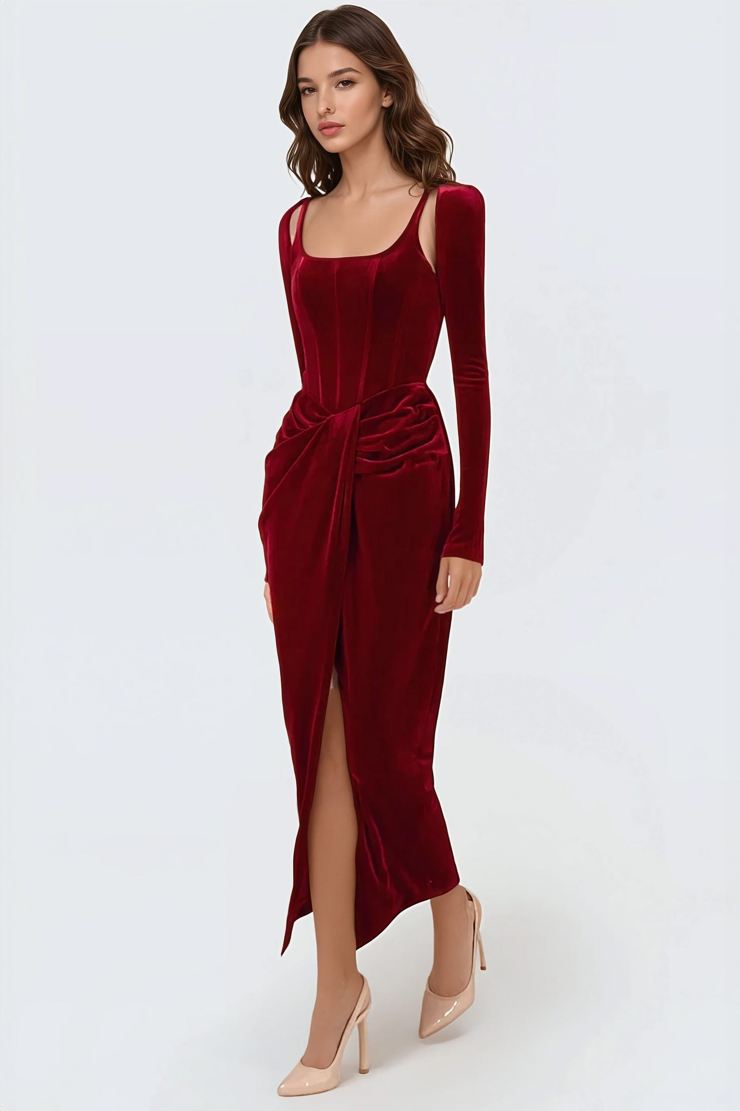 Fitted Midi Dress with Square Neckline and Subtle Pleats - Dark Red