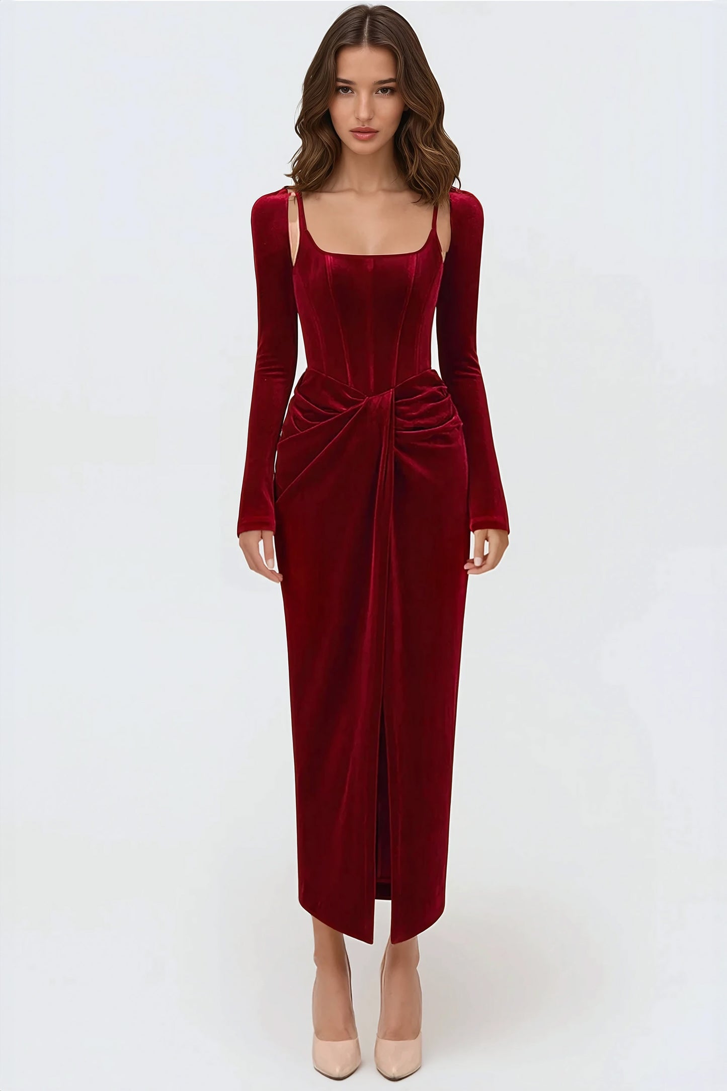 Fitted Midi Dress with Square Neckline and Subtle Pleats - Dark Red