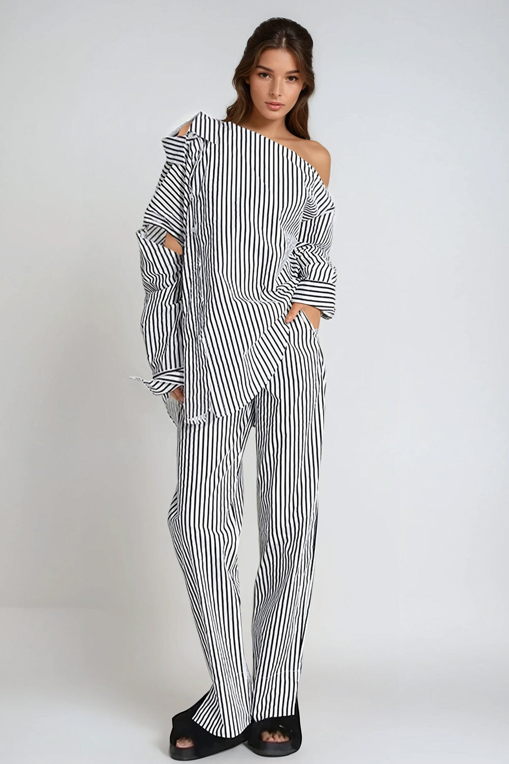 Striped Co-Ord Set with Asymmetrical Shirt and Trousers - Grey