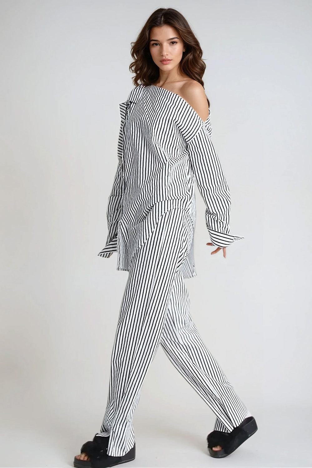 Striped Co-Ord Set with Asymmetrical Shirt and Trousers - Grey