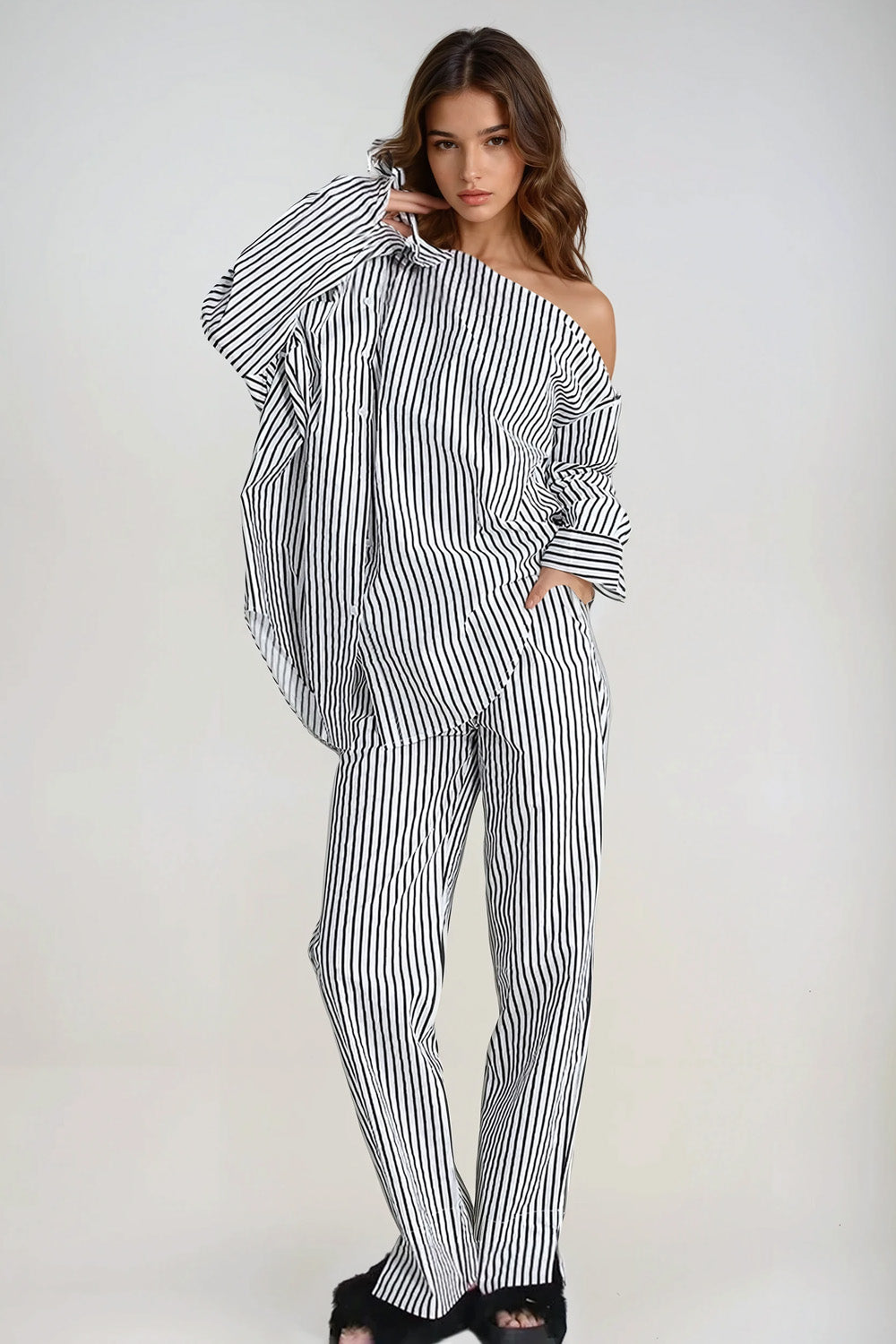 Striped Co-Ord Set with Asymmetrical Shirt and Trousers - Grey