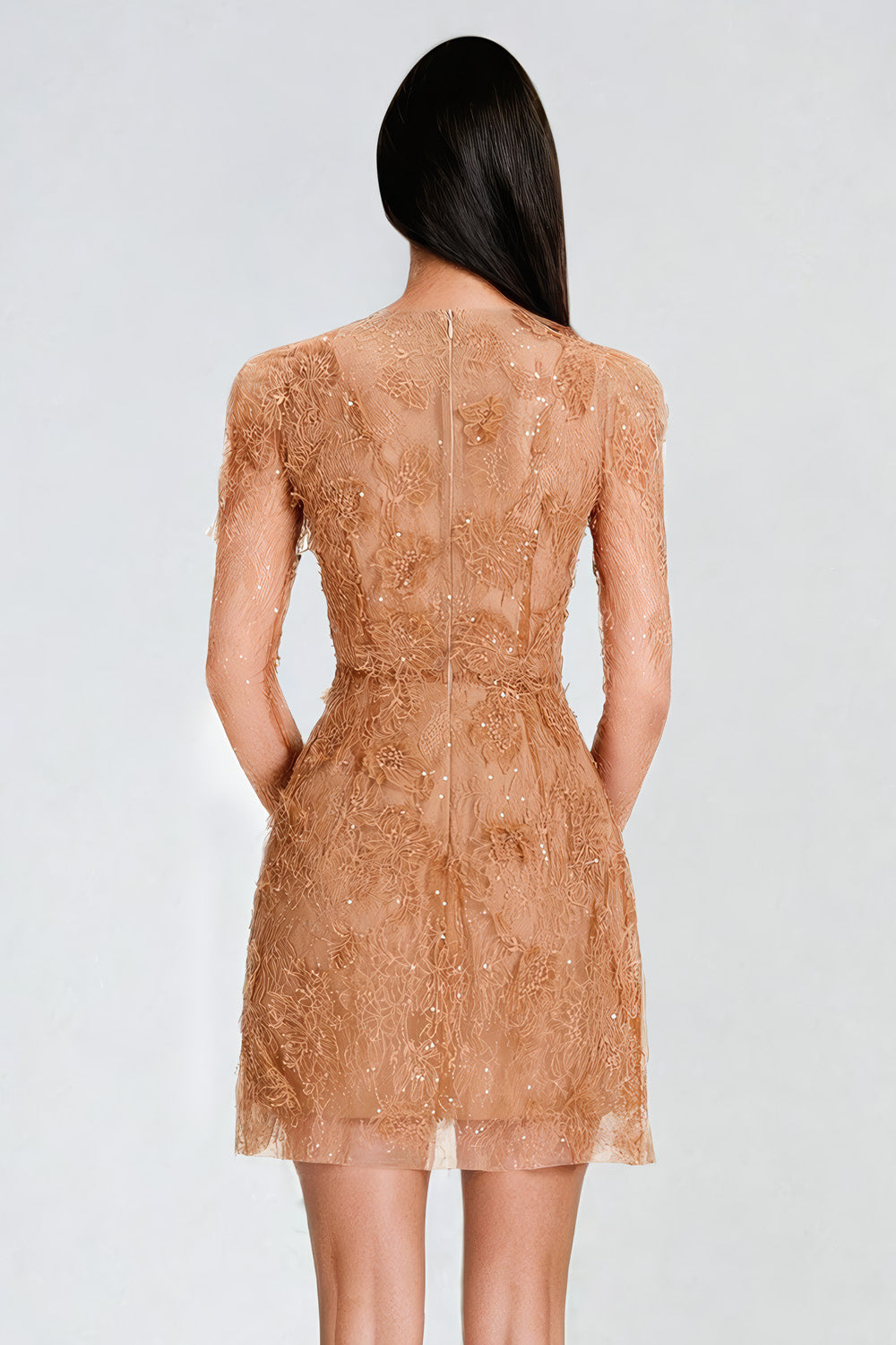 Lace Long Sleeve Mini Dress - Brown