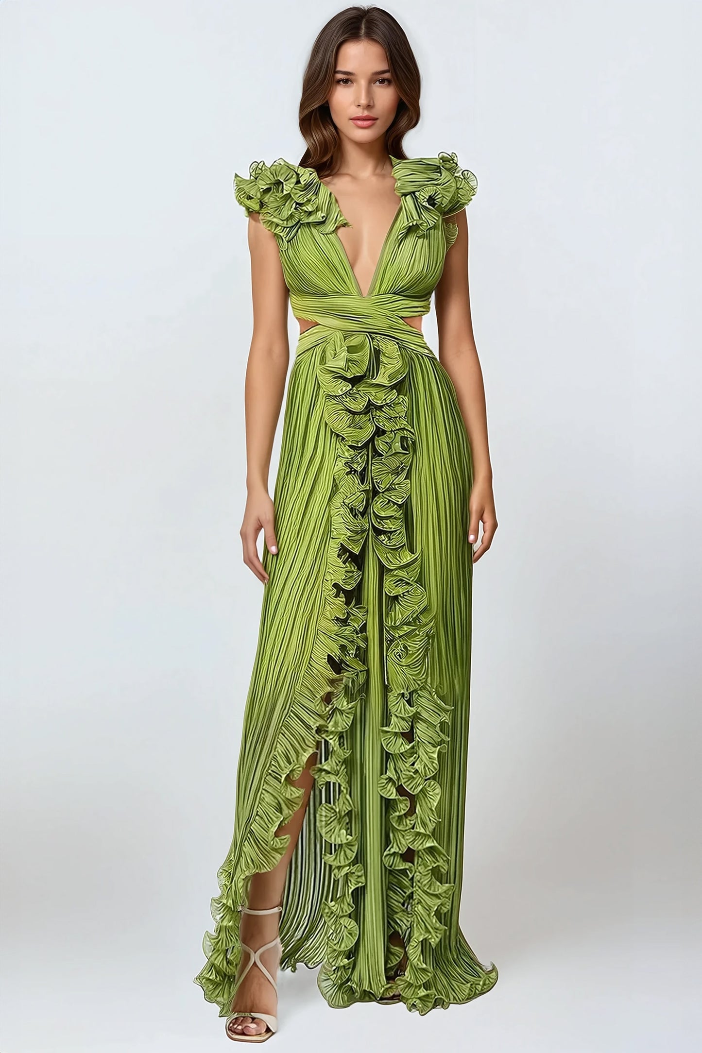 Sleeveless Maxi Dress with Ruffled Layers - Green