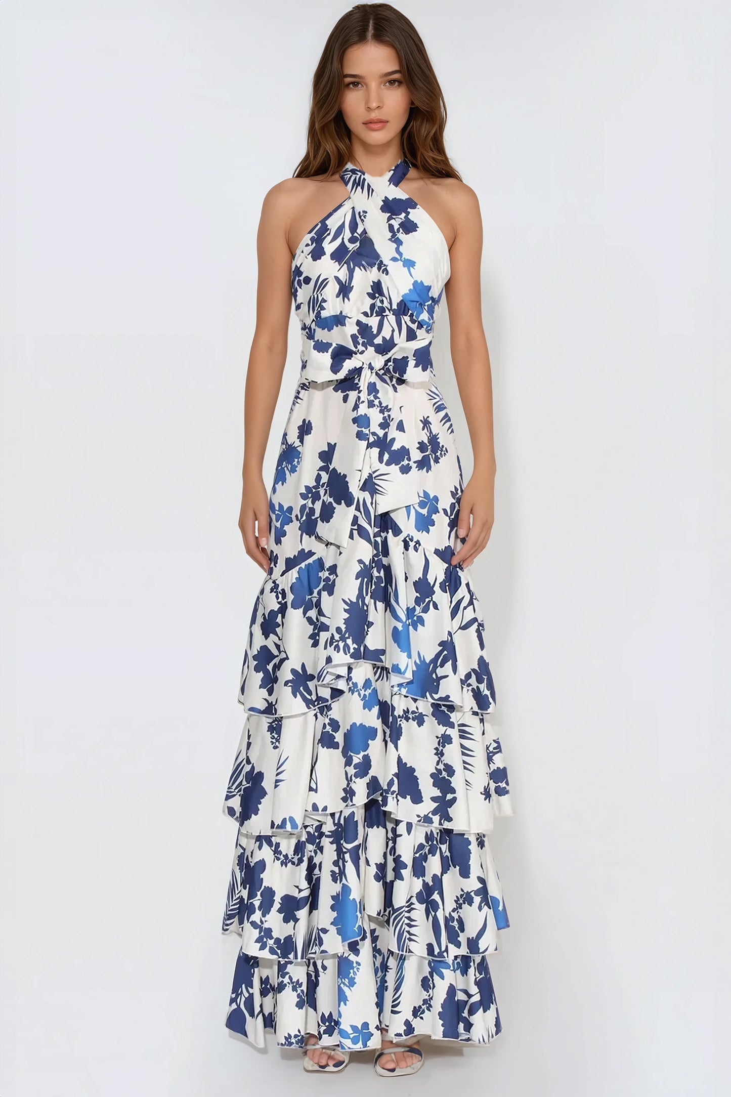 Layered Floral Print Maxi Dress - White