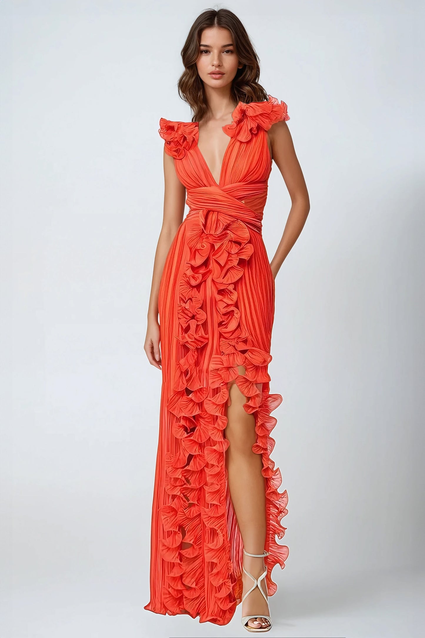 Sleeveless Maxi Dress with Ruffled Layers - Orange