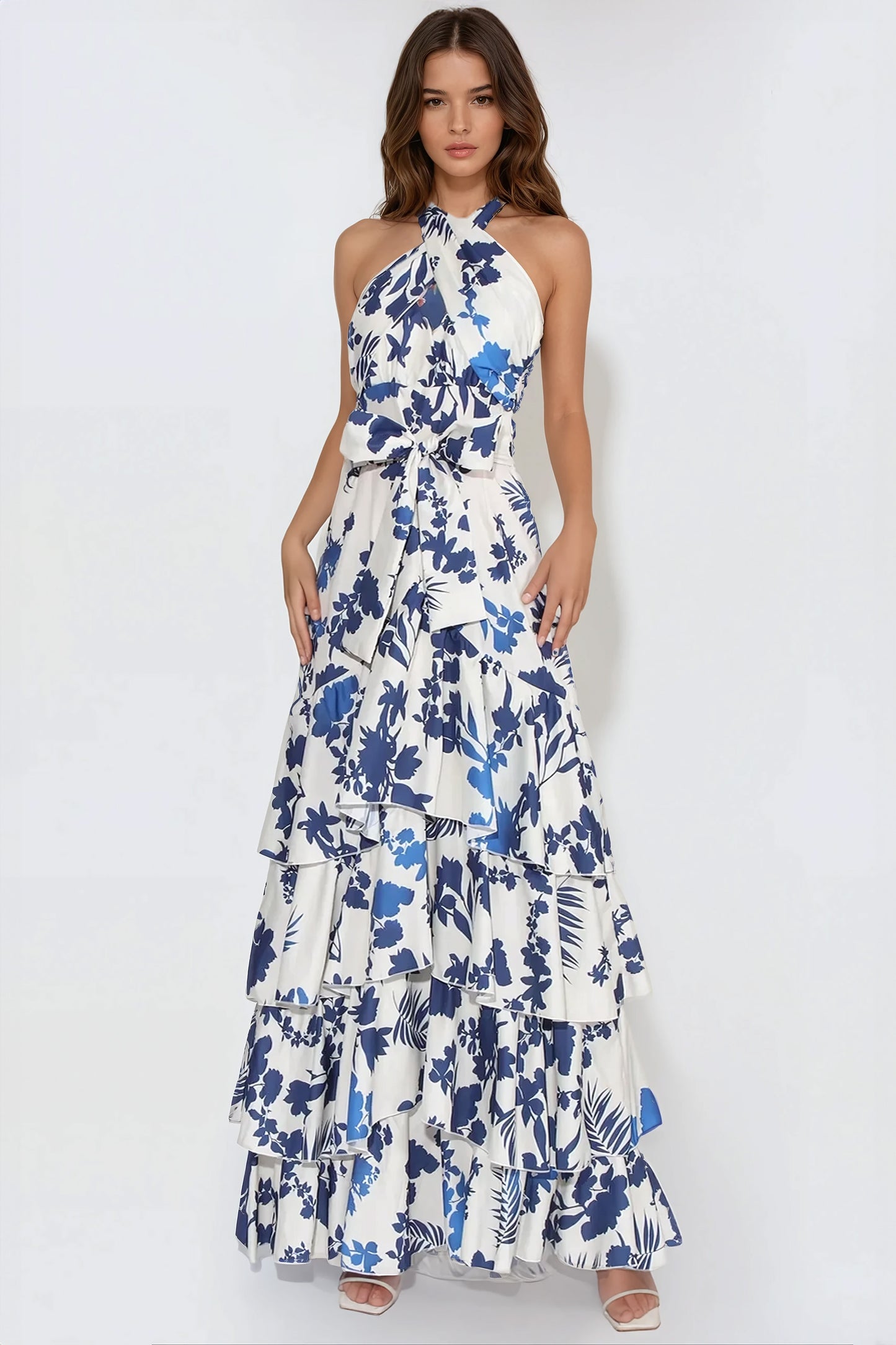 Layered Floral Print Maxi Dress - White