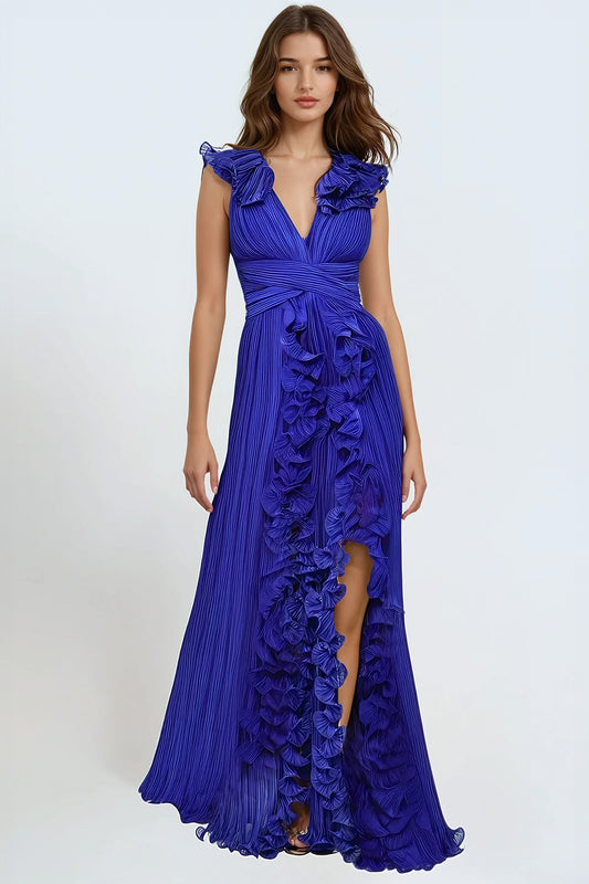 Sleeveless Maxi Dress with Ruffled Layers - Dark Blue