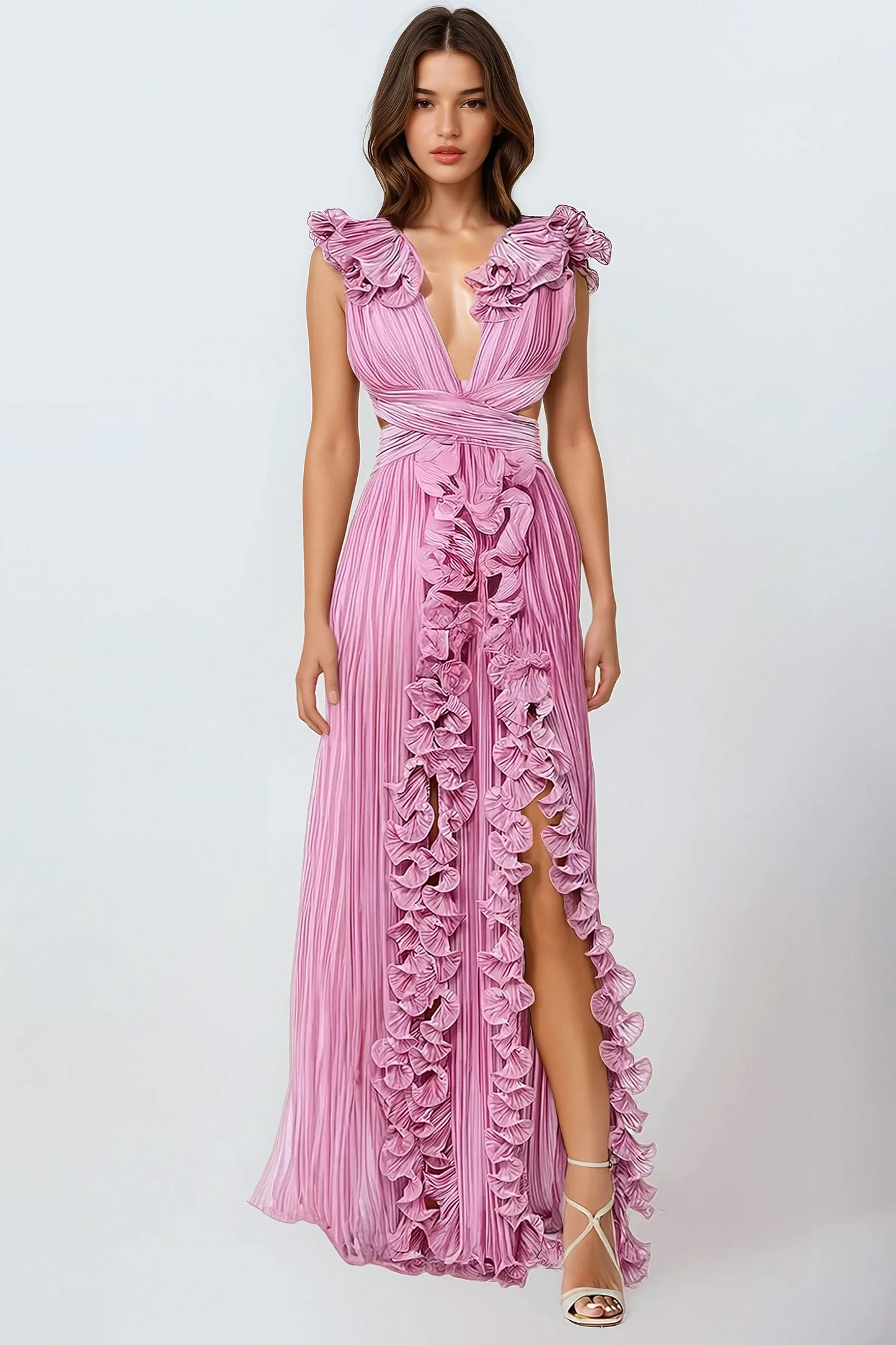 Sleeveless Maxi Dress with Ruffled Layers - Pink