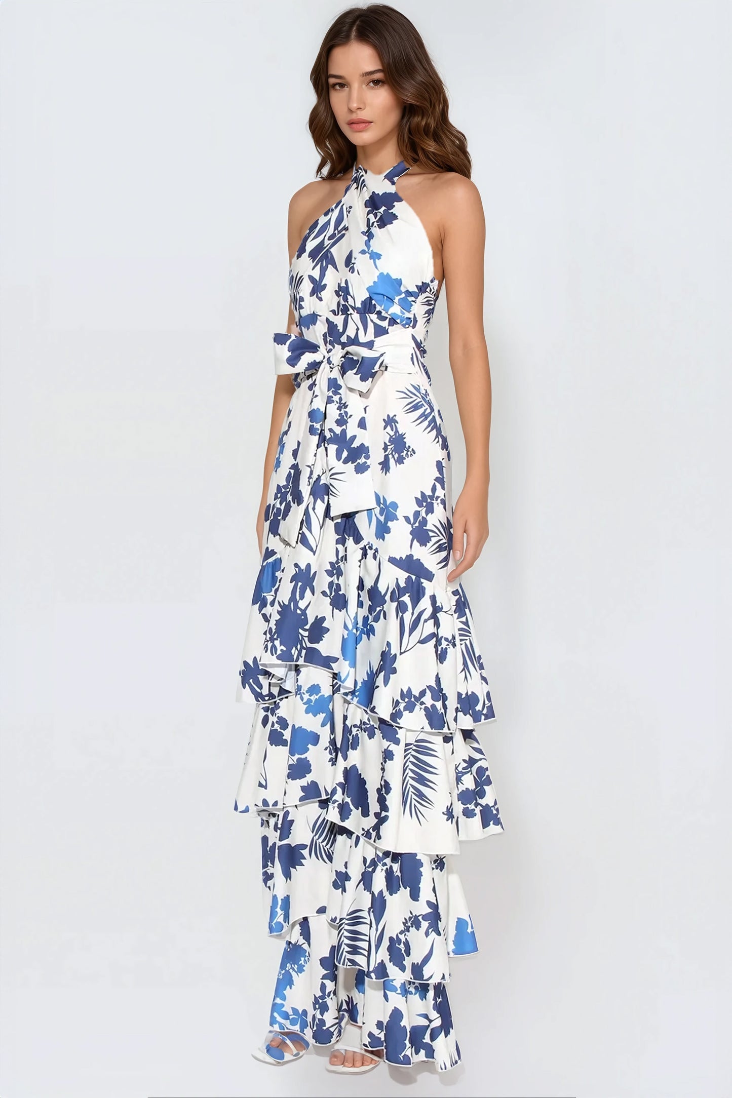 Layered Floral Print Maxi Dress - White