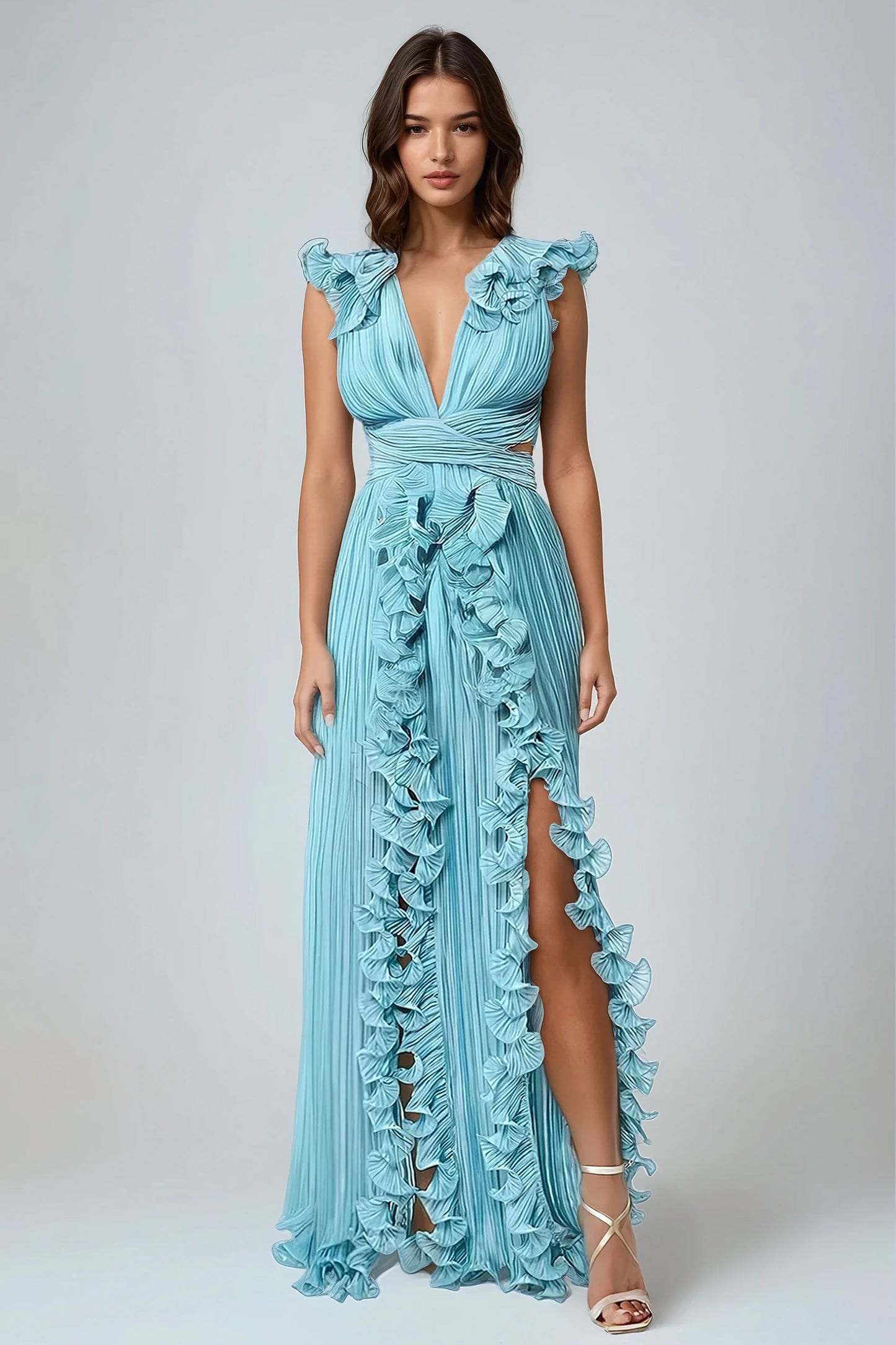 Sleeveless Maxi Dress with Ruffled Layers - Light Blue