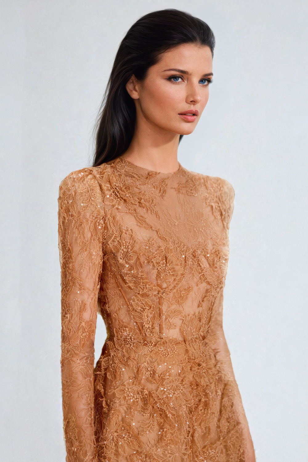 Lace Long Sleeve Mini Dress - Brown