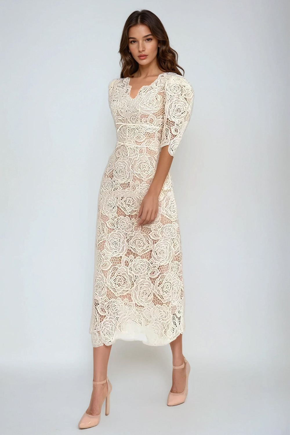 Floral Lace Midi Dress with V-Neckline and Elbow-Length Sleeves - Ivory