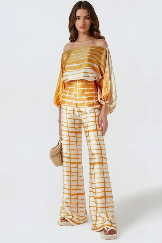 Patterned Two-Piece Set with Flowy Design - Yellow