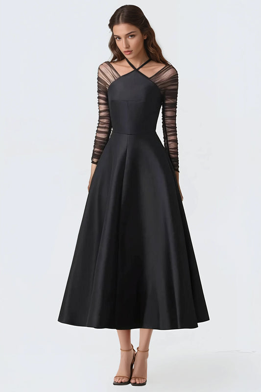 Flared Dress with Sheer Ruched Sleeves - Black