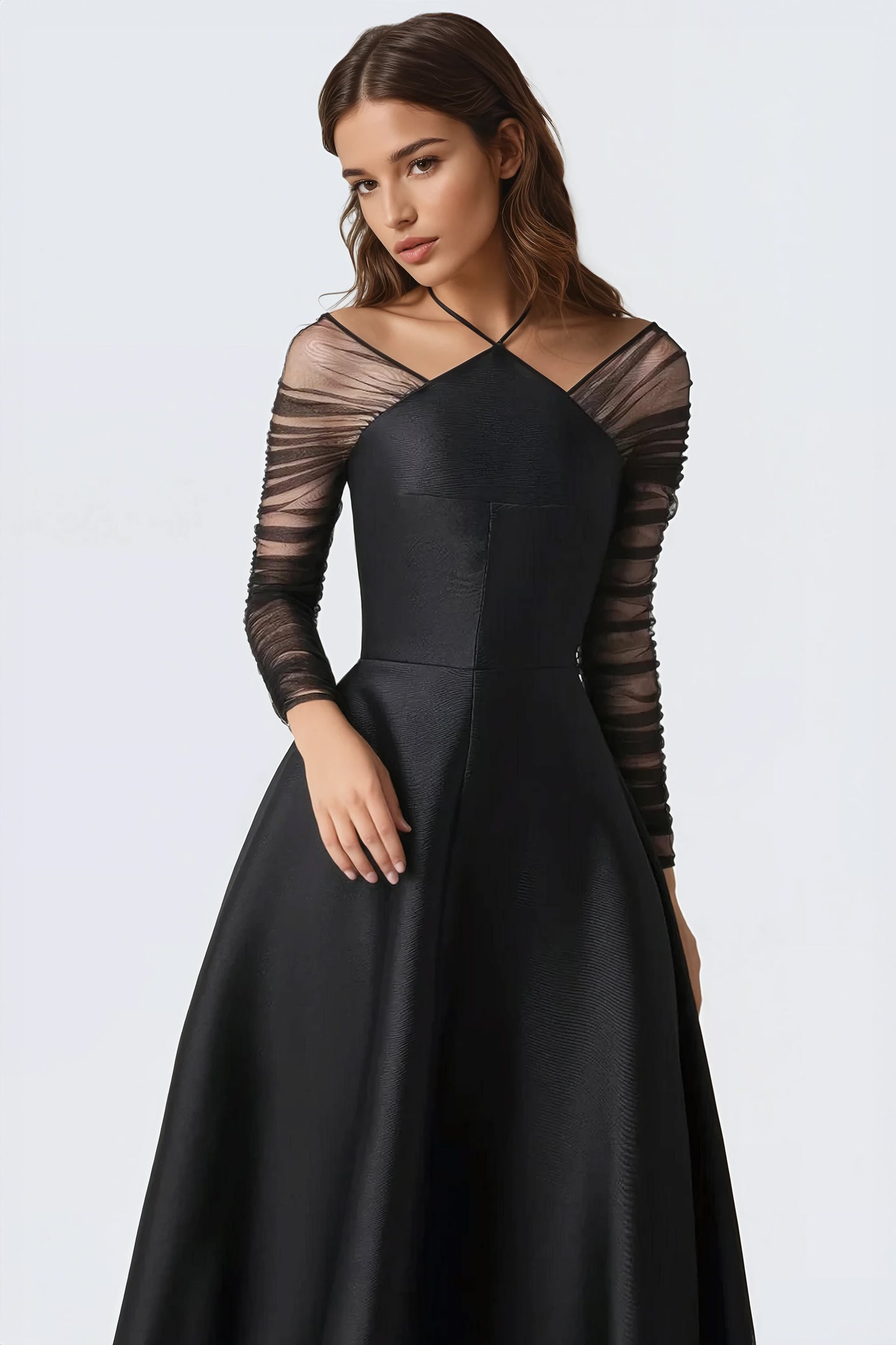 Flared Dress with Sheer Ruched Sleeves - Black