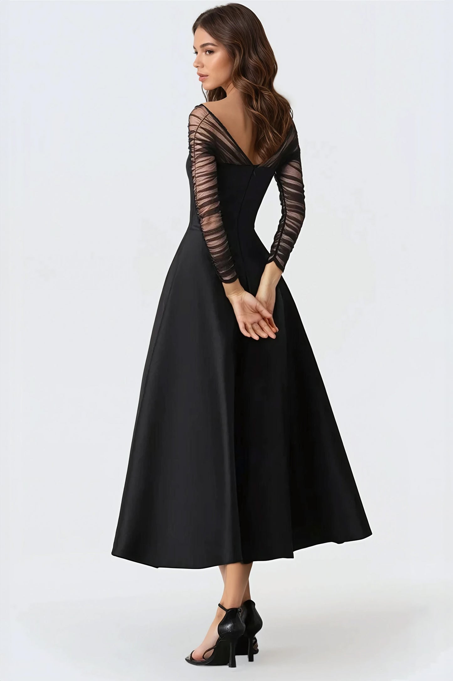 Flared Dress with Sheer Ruched Sleeves - Black