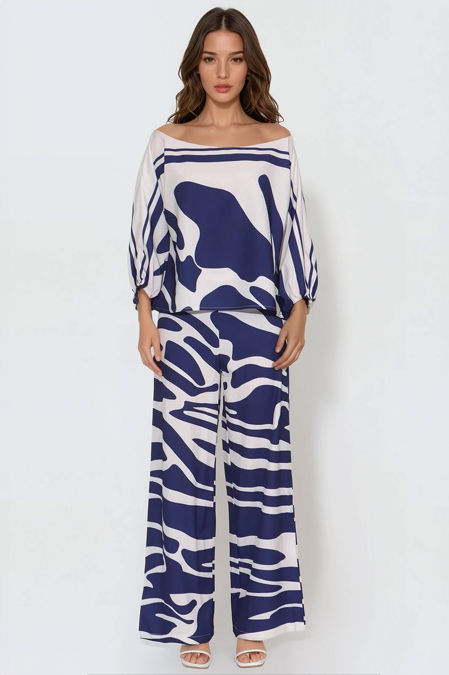 Patterned Two-Piece Set with Flowy Design - Blue
