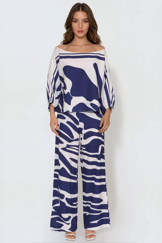 Patterned Two-Piece Set with Flowy Design - Blue