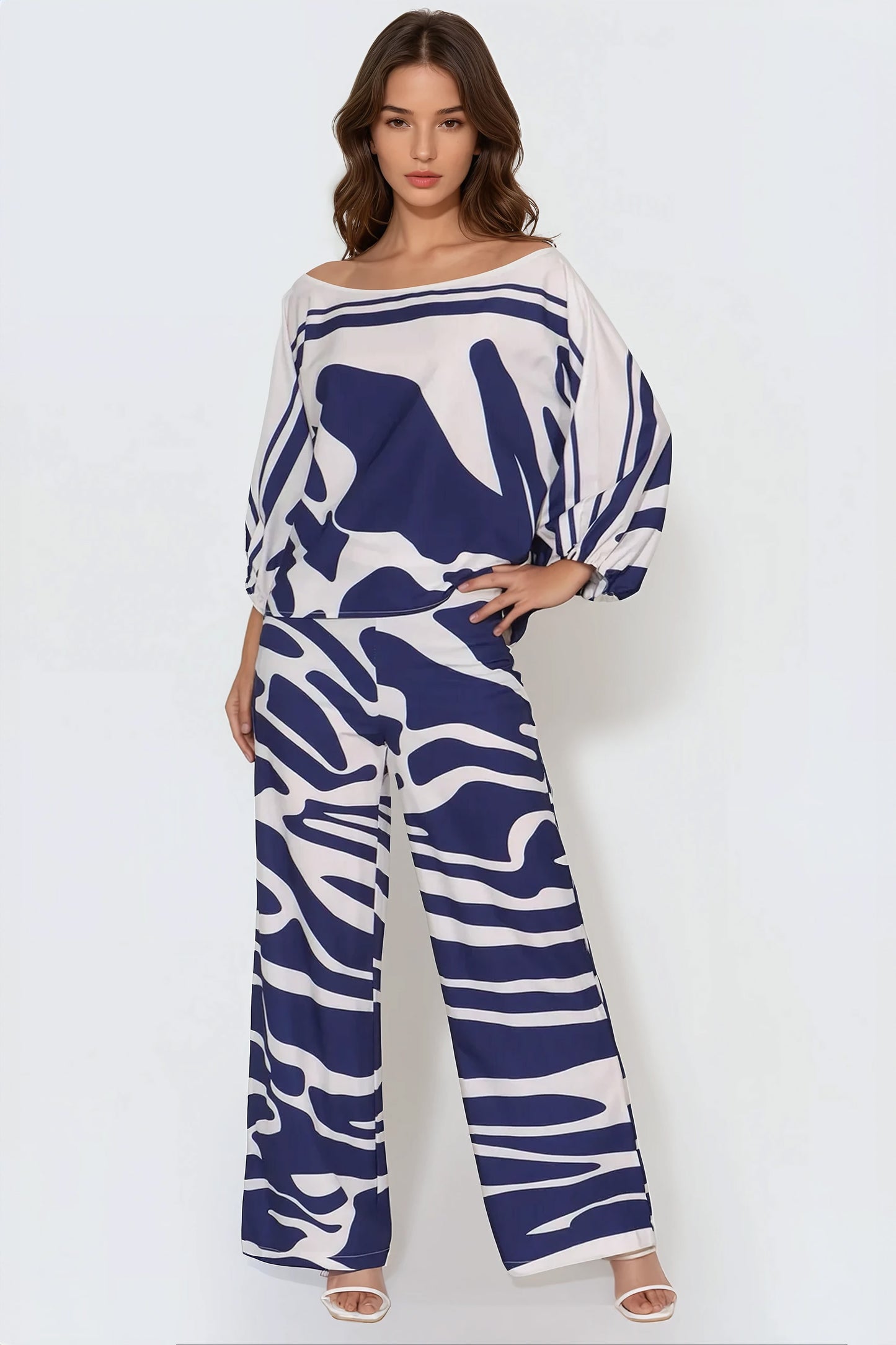 Patterned Two-Piece Set with Flowy Design - Blue