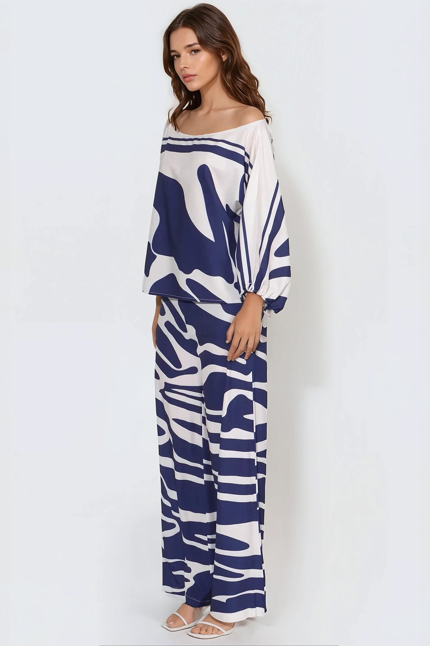 Patterned Two-Piece Set with Flowy Design - Blue