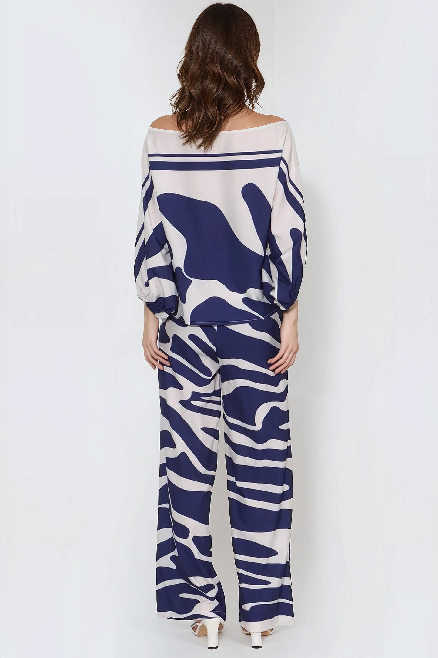 Patterned Two-Piece Set with Flowy Design - Blue