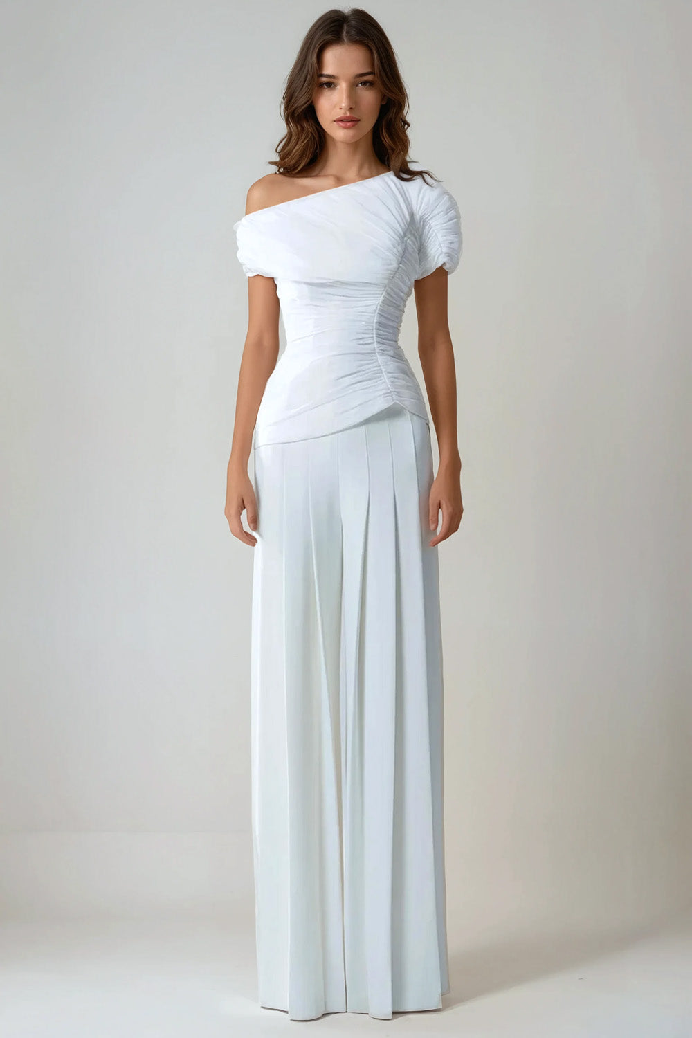 Two-Piece Set with Asymmetrical Off-Shoulder Top and Flared Trousers - White