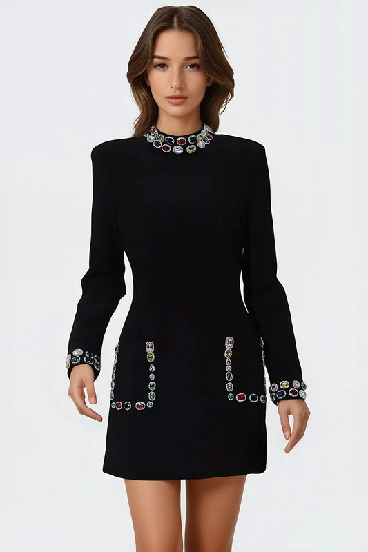 High-Neck Mini Dress with Jewel Embellishments - Black