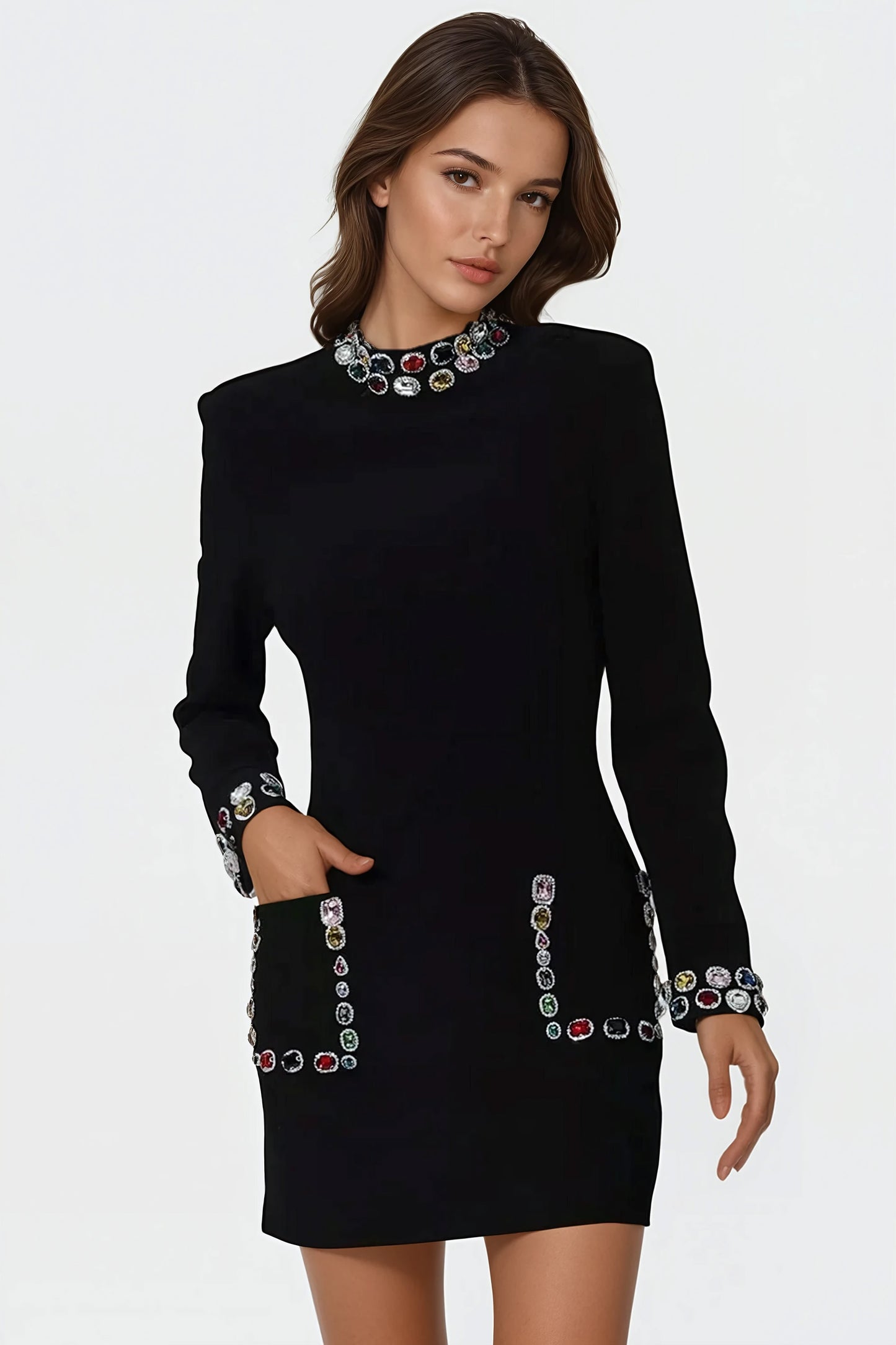 High-Neck Mini Dress with Jewel Embellishments - Black