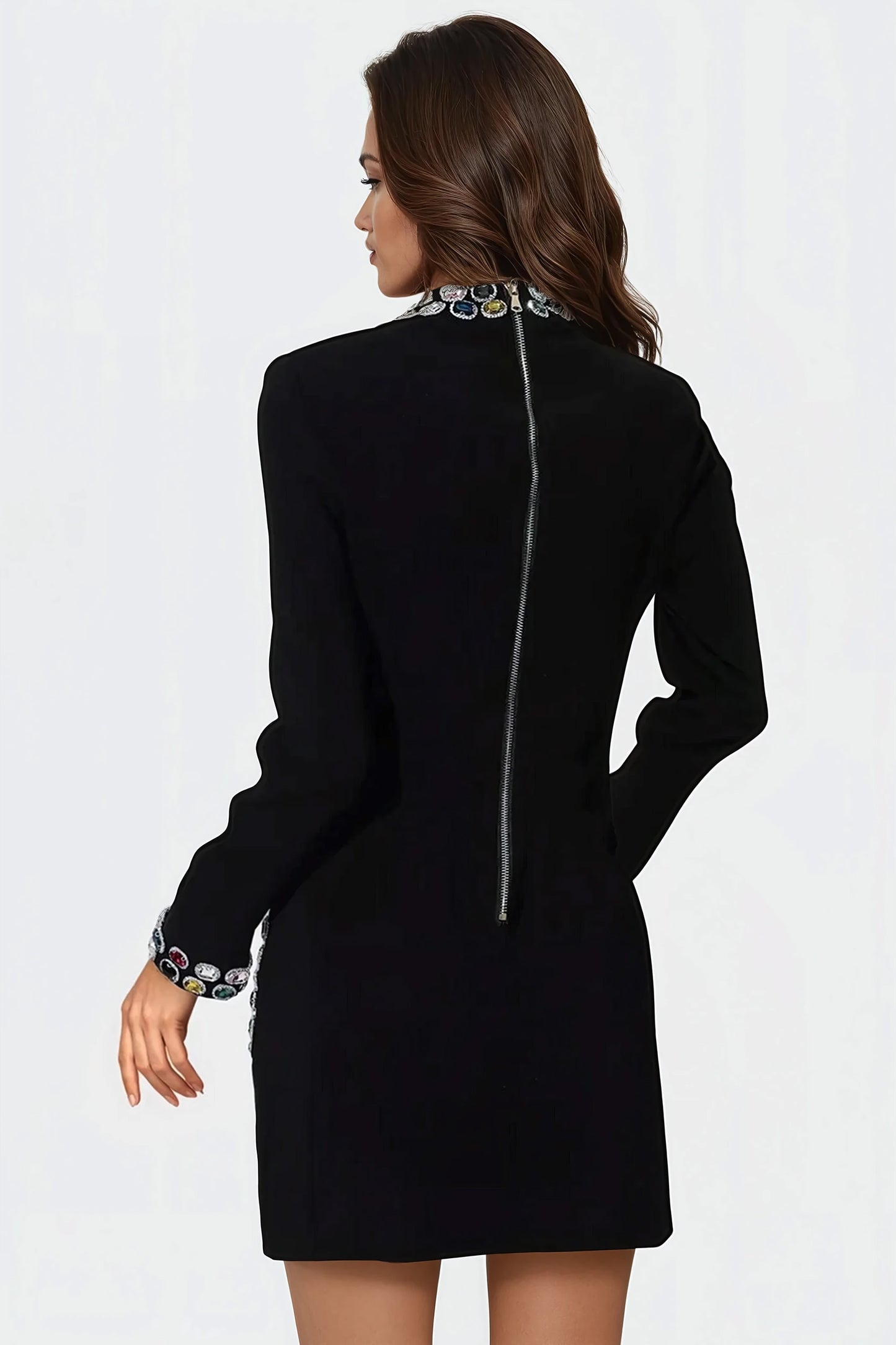 High-Neck Mini Dress with Jewel Embellishments - Black