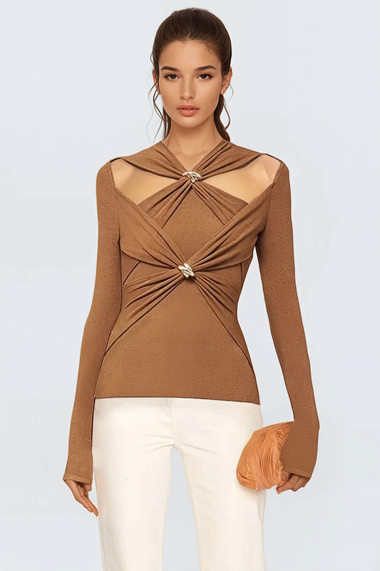 Gold-Detail Cutout Long Sleeve Top - Brown