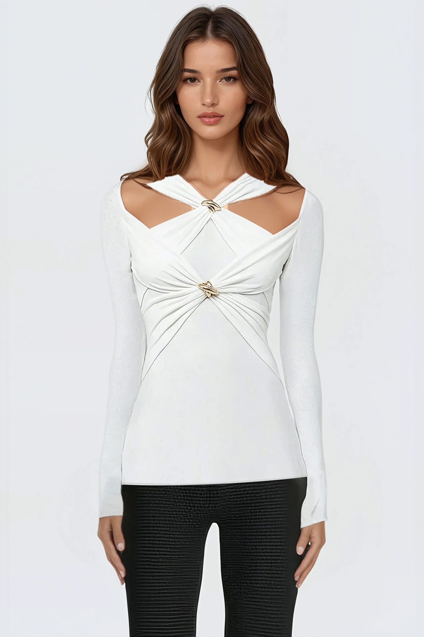 Gold-Detail Cutout Long Sleeve Top - White