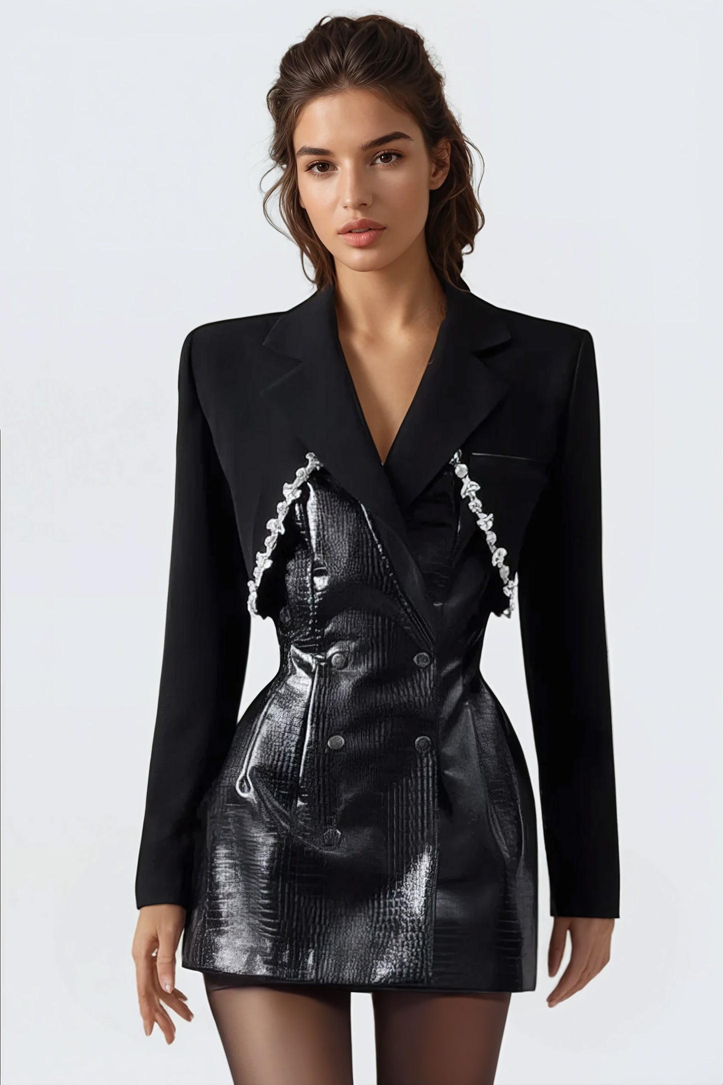 Blazer Dress with Faux Leather-Panel Detailing - Black