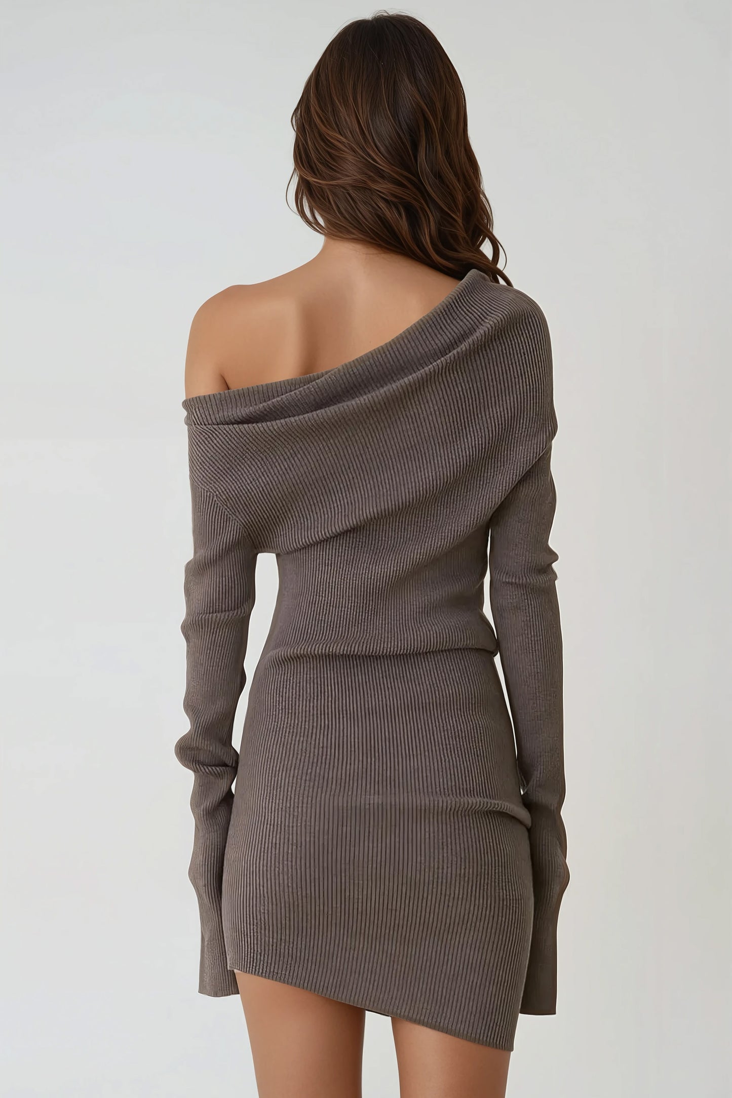 Long Sleeve Asymmetrical Mini Dress - Brown