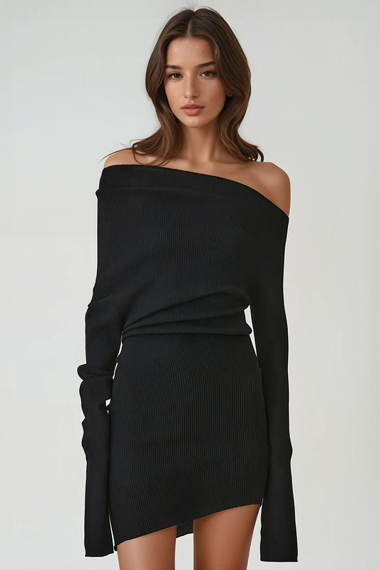 Long Sleeve Asymmetrical Mini Dress - Black